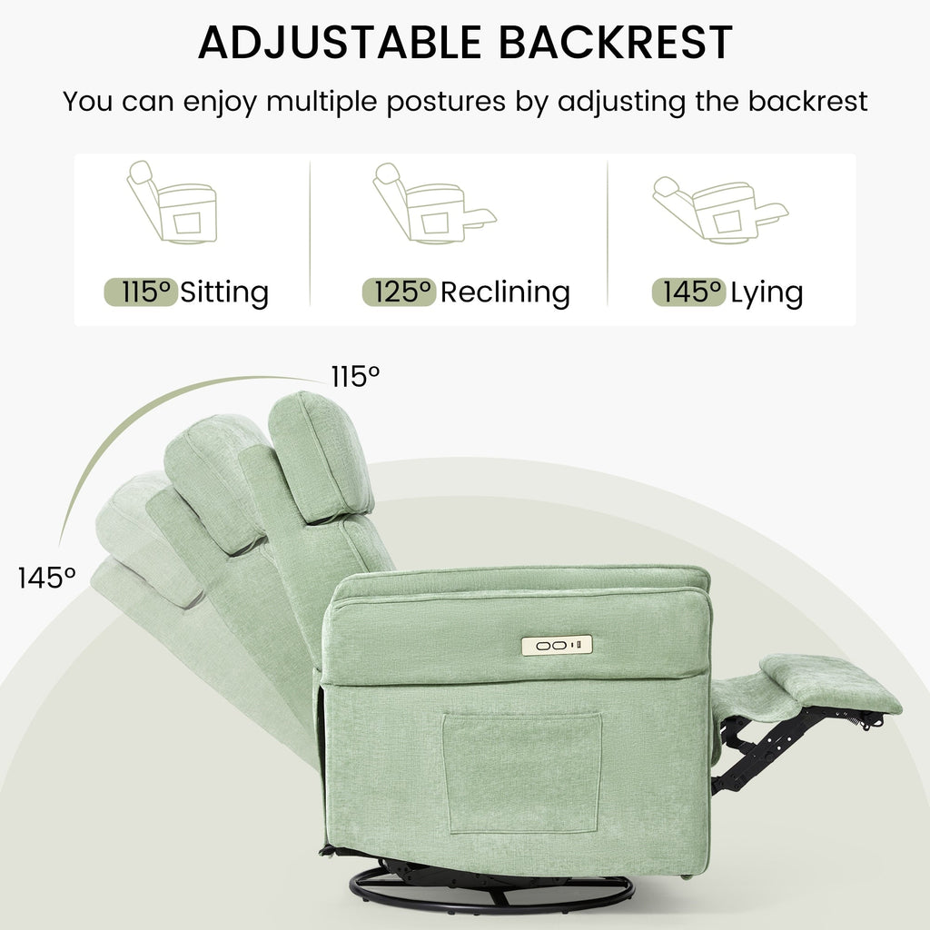 Fauteuil inclinable pivotant et électrique EROMMY avec appui-tête et accoudoirs réglables, chargement USB et Type-C, fauteuil inclinable pour chambre d'enfant