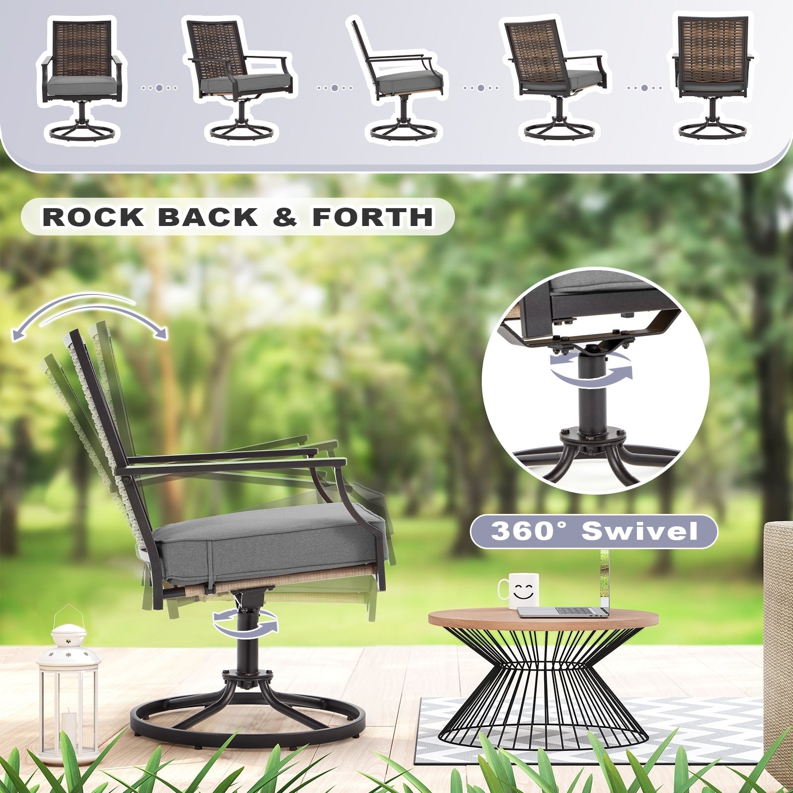 Lot de 2 chaises pivotantes EROMMY pour salle à manger, en osier et aluminium, avec cadre en aluminium résistant aux intempéries.