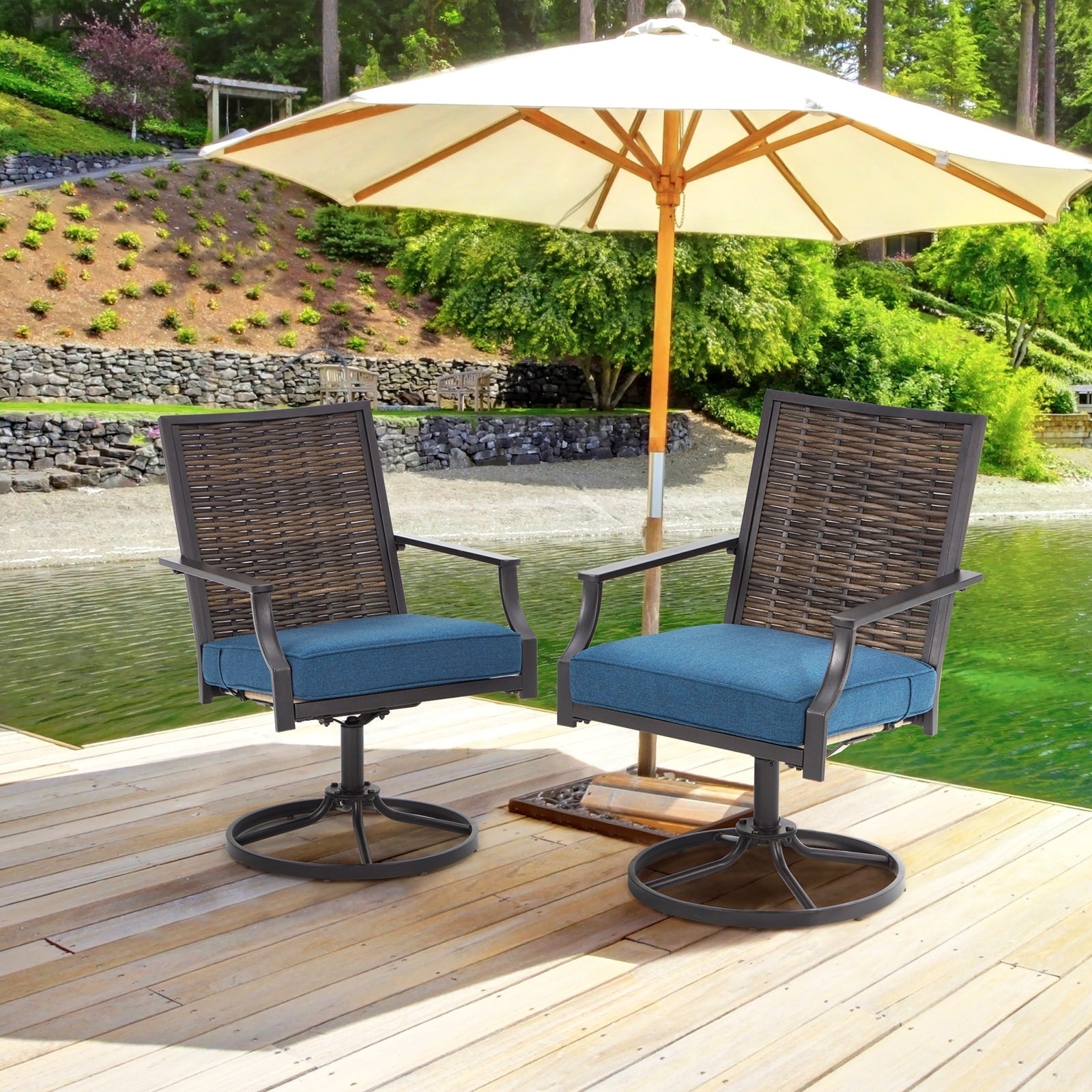 Lot de 2 chaises pivotantes EROMMY pour salle à manger, en osier et aluminium, avec cadre en aluminium résistant aux intempéries.