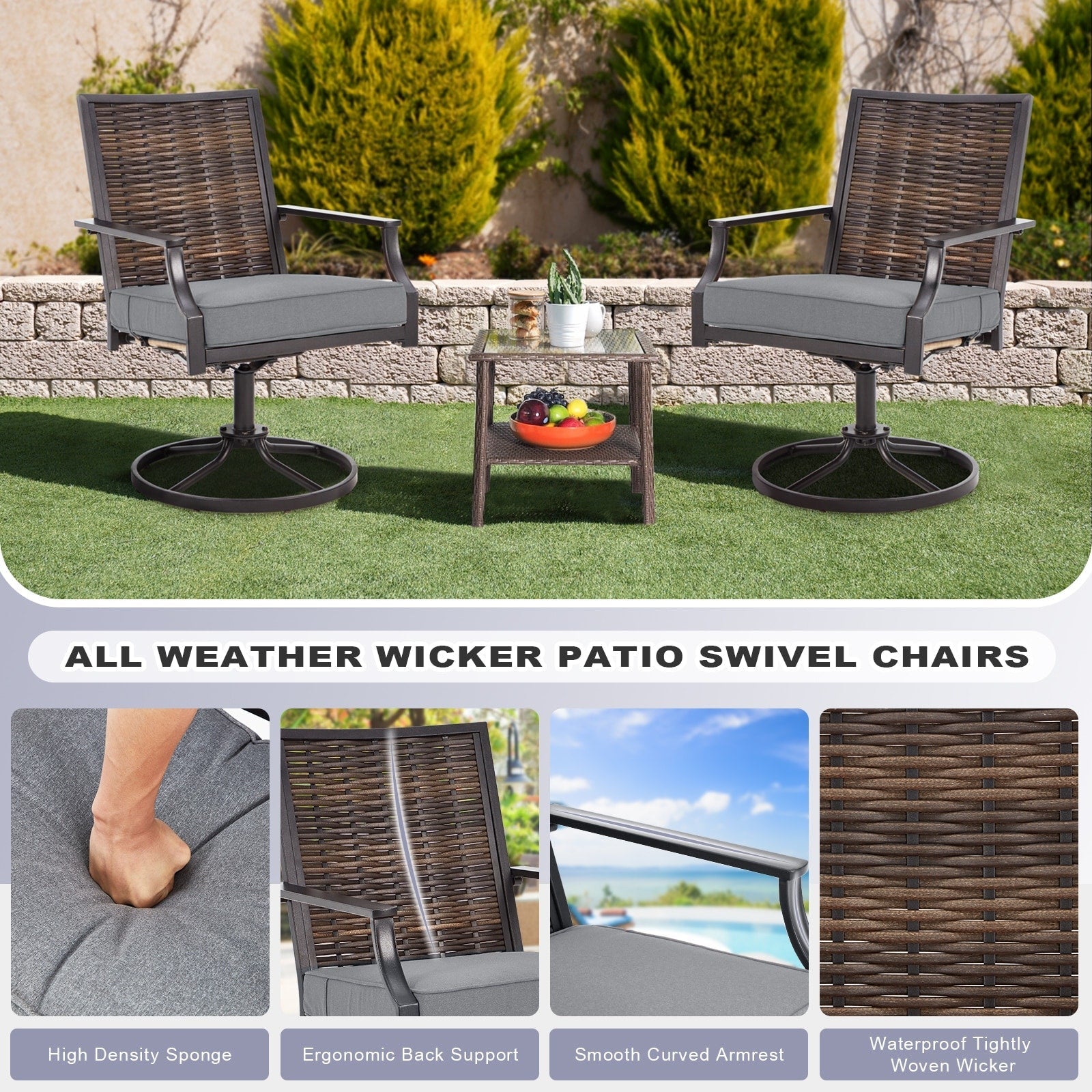 Lot de 2 chaises pivotantes EROMMY pour salle à manger, en osier et aluminium, avec cadre en aluminium résistant aux intempéries.