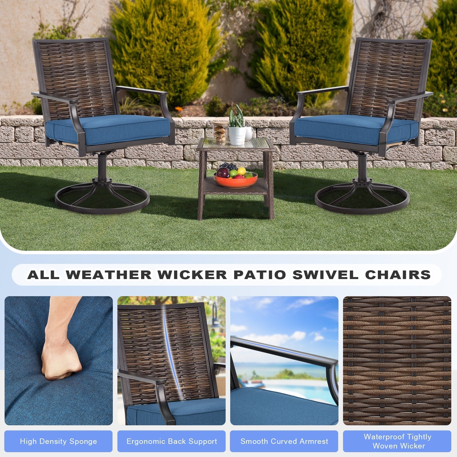 Lot de 2 chaises pivotantes EROMMY pour salle à manger, en osier et aluminium, avec cadre en aluminium résistant aux intempéries.