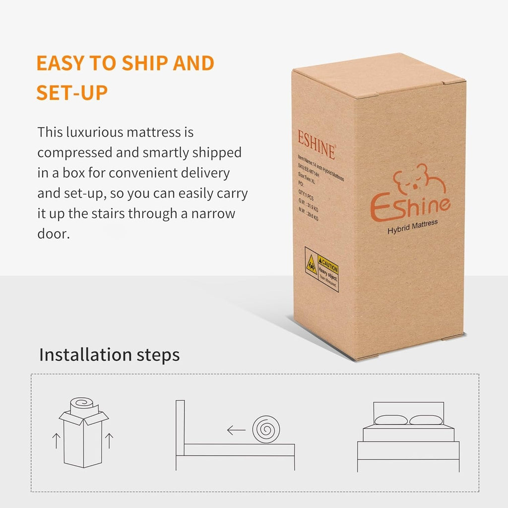 Matelas hybride en mousse à mémoire de forme ESHINE 14 pouces pour lit réglable