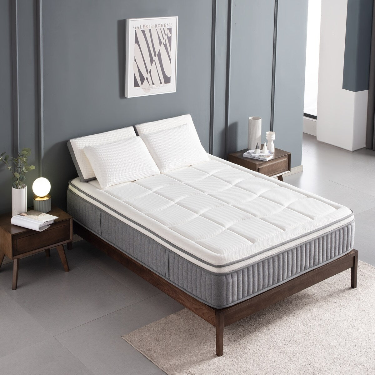 Matelas hybride 12 pouces haut de gamme, mousse à mémoire de forme avec gel et ressorts ensachés, livré dans une boîte pour un sommeil frais, matelas à sensation moyenne