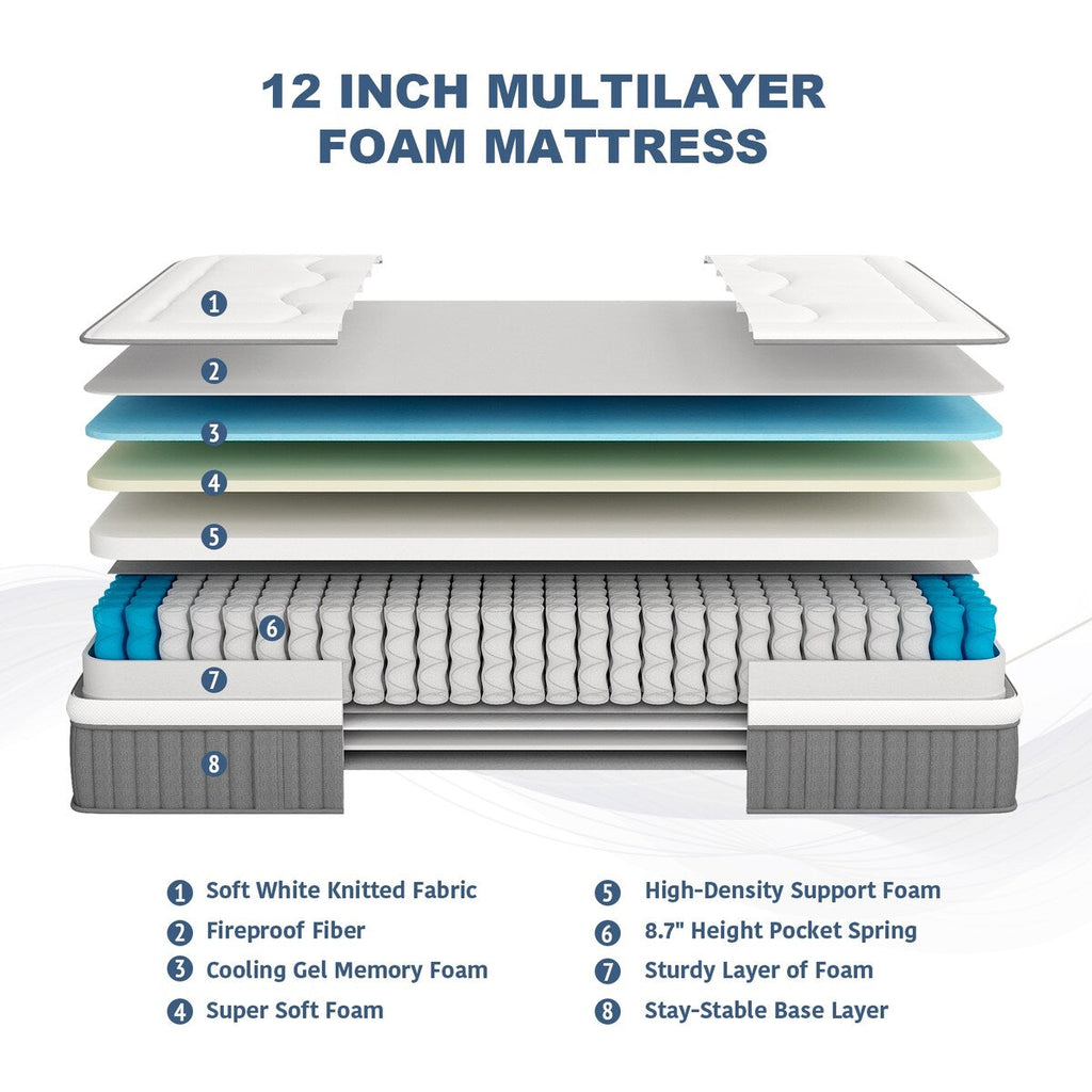 Matelas hybride 12 pouces haut de gamme, mousse à mémoire de forme avec gel et ressorts ensachés, livré dans une boîte pour un sommeil frais, matelas à sensation moyenne
