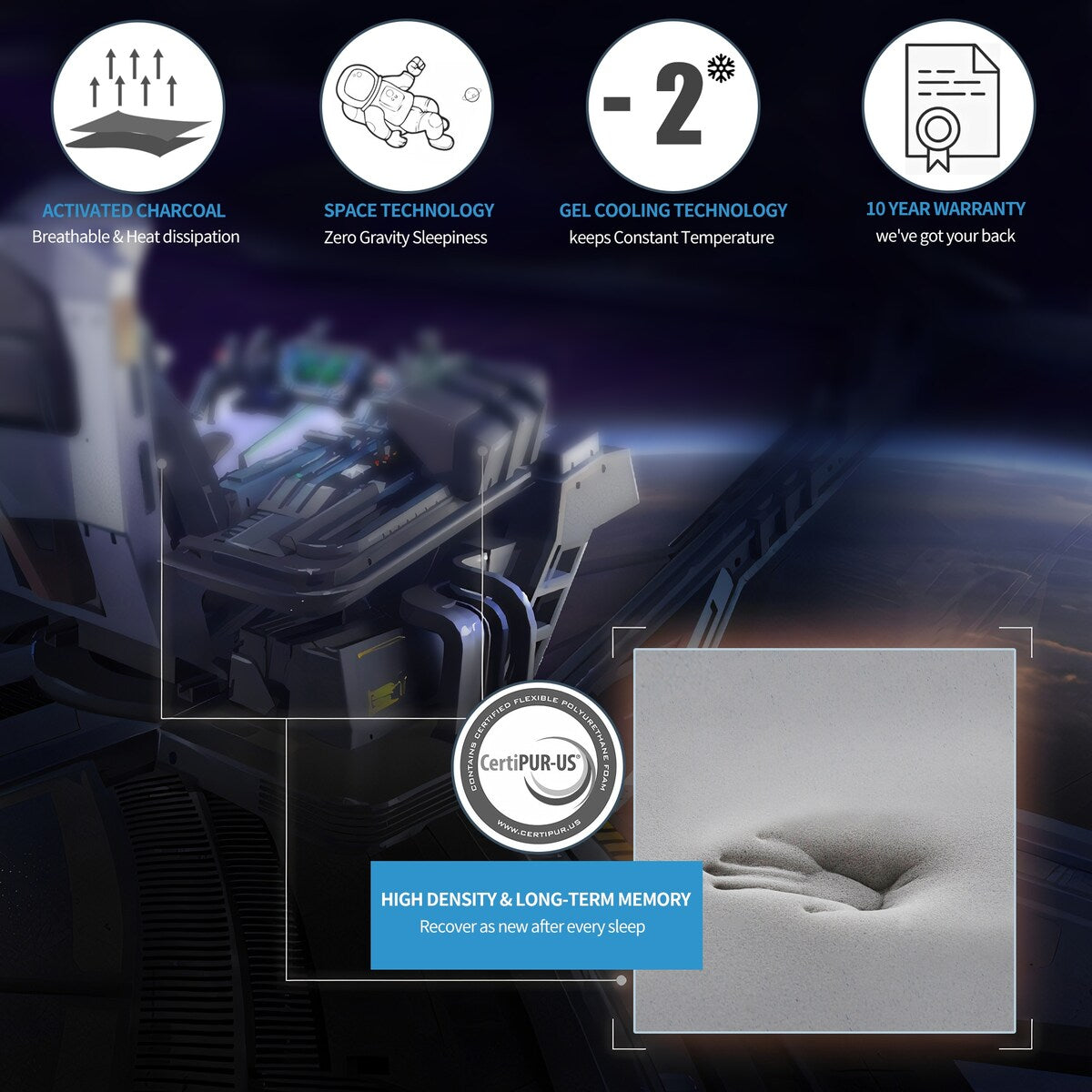 Matelas en mousse à mémoire de forme infusé de gel et de charbon de bois de 8 pouces, confort moyen