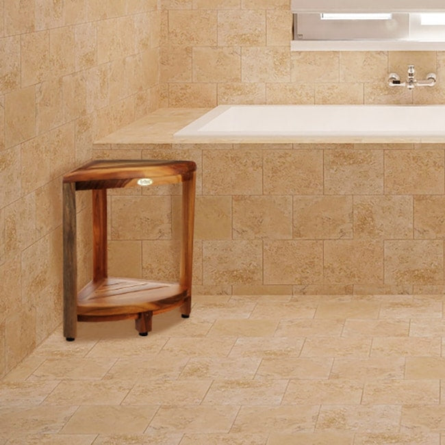 EcoDecors, Étagère d'angle en teck, Repose-pieds pour douche, Tabouret en teck pour douche intérieure, 45,7 cm