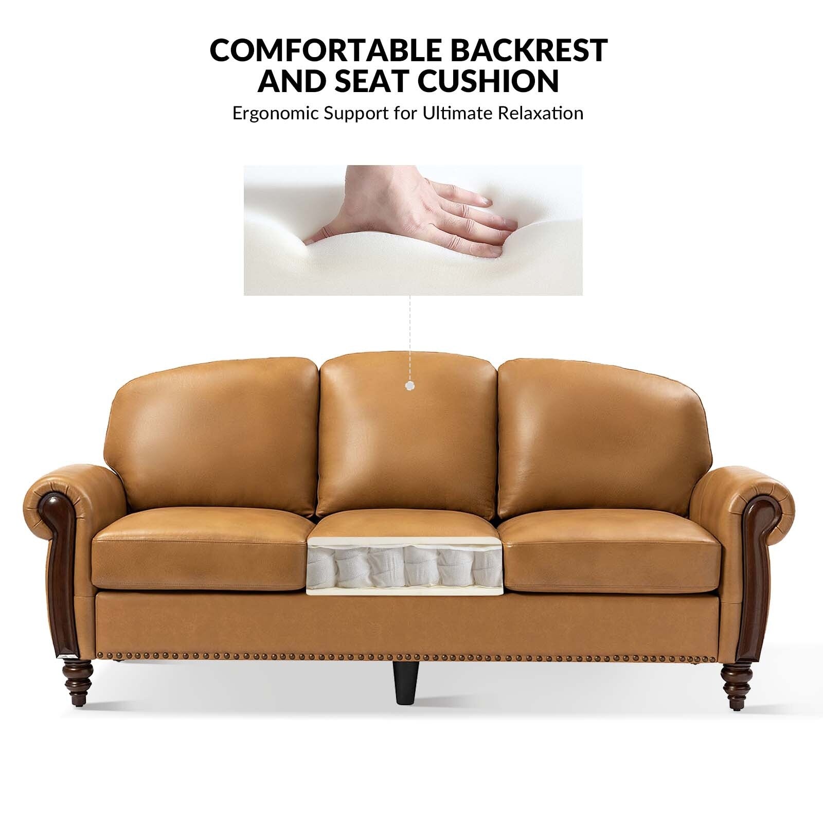 Canapé traditionnel en cuir véritable Eduard 84 avec pieds en bois sculpté par HULALA HOME