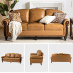 Canapé traditionnel en cuir véritable Eduard 84 avec pieds en bois sculpté par HULALA HOME