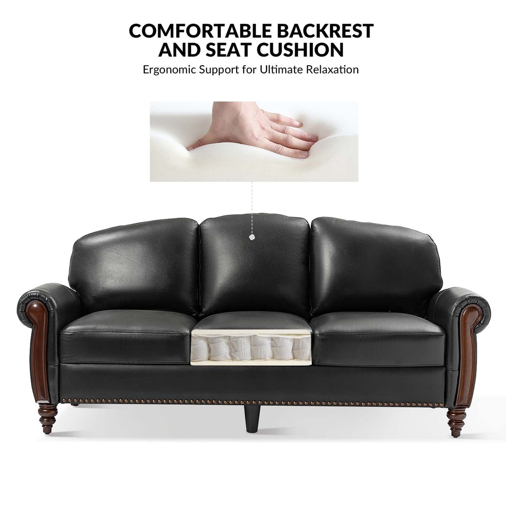 Canapé traditionnel en cuir véritable Eduard 84 avec pieds en bois sculpté par HULALA HOME