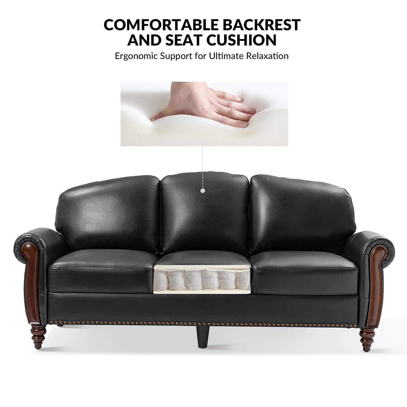 Canapé traditionnel en cuir véritable Eduard 84 avec pieds en bois sculpté par HULALA HOME