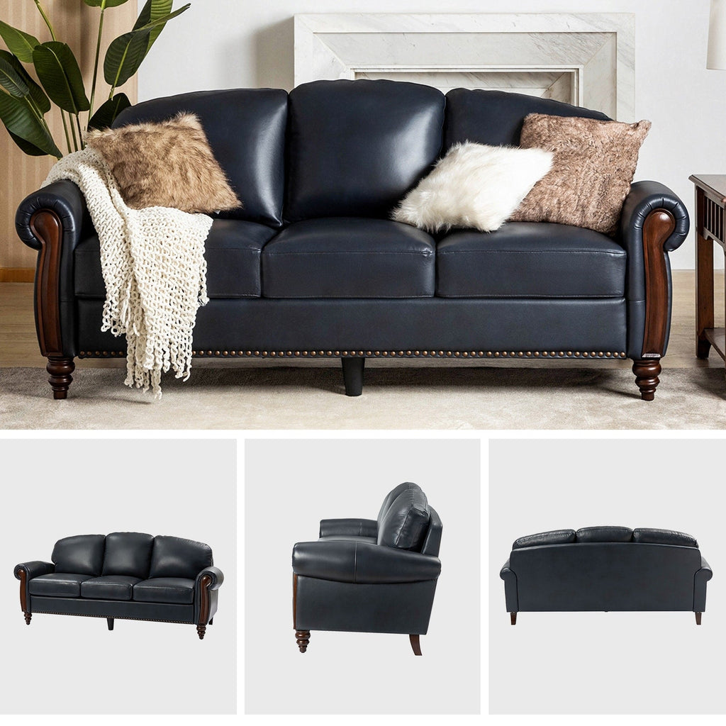 Canapé traditionnel en cuir véritable Eduard 84 avec pieds en bois sculpté par HULALA HOME