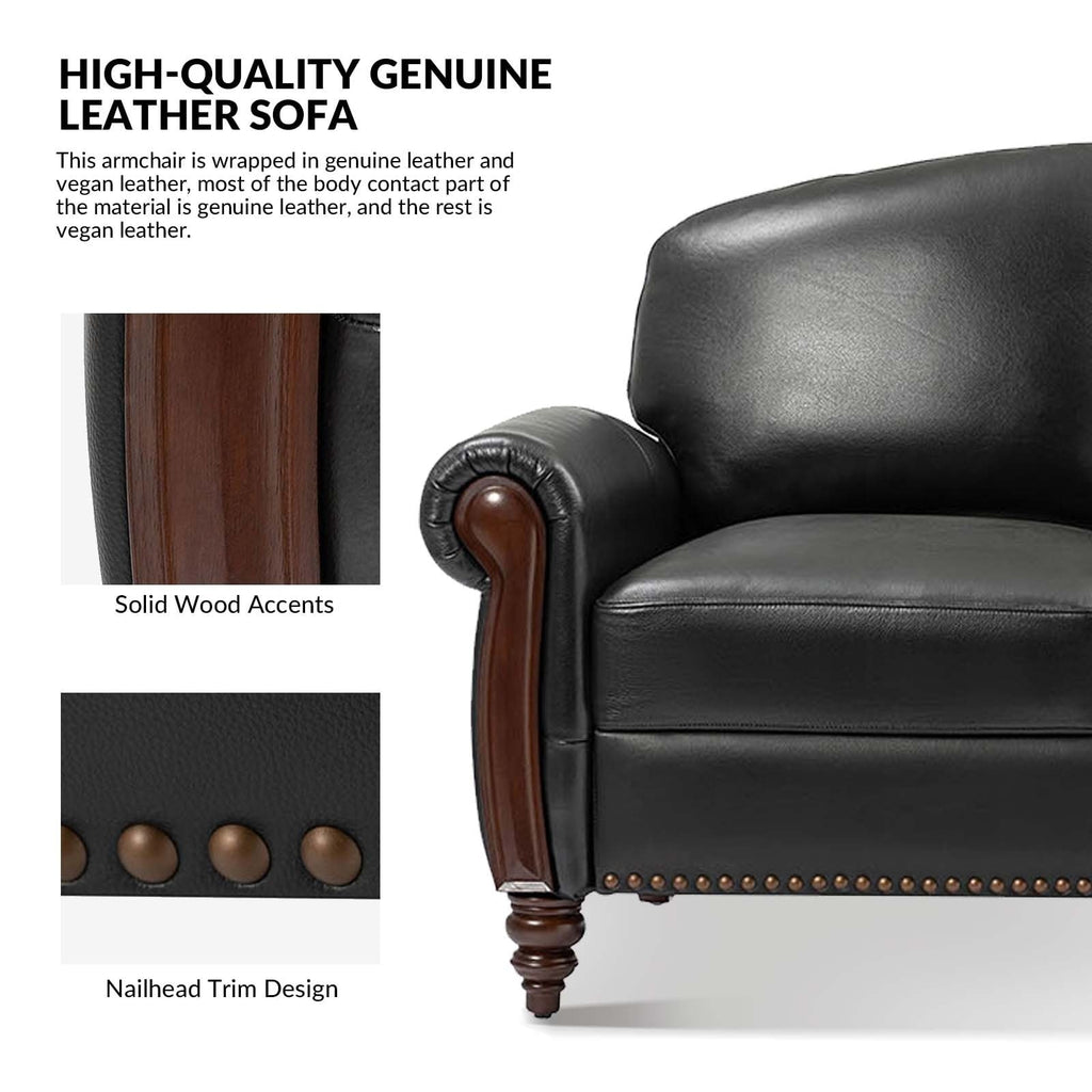 Canapé traditionnel en cuir véritable Eduard 84 avec pieds en bois sculpté par HULALA HOME