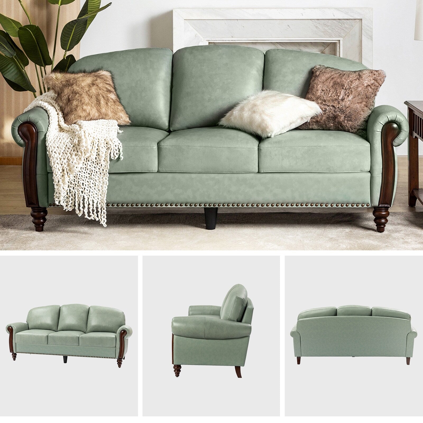 Canapé traditionnel en cuir véritable Eduard 84 avec pieds en bois sculpté par HULALA HOME