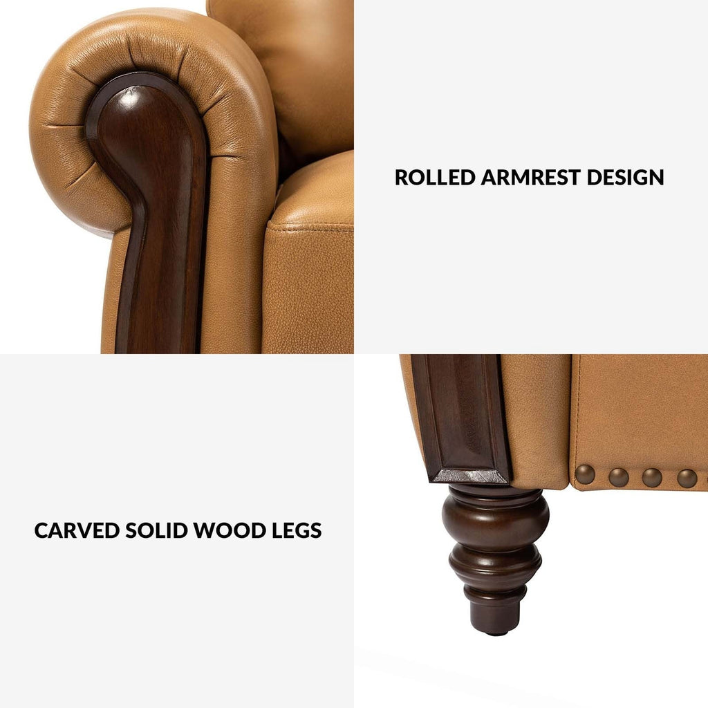 Canapé traditionnel en cuir véritable Eduard 84 avec pieds en bois sculpté par HULALA HOME