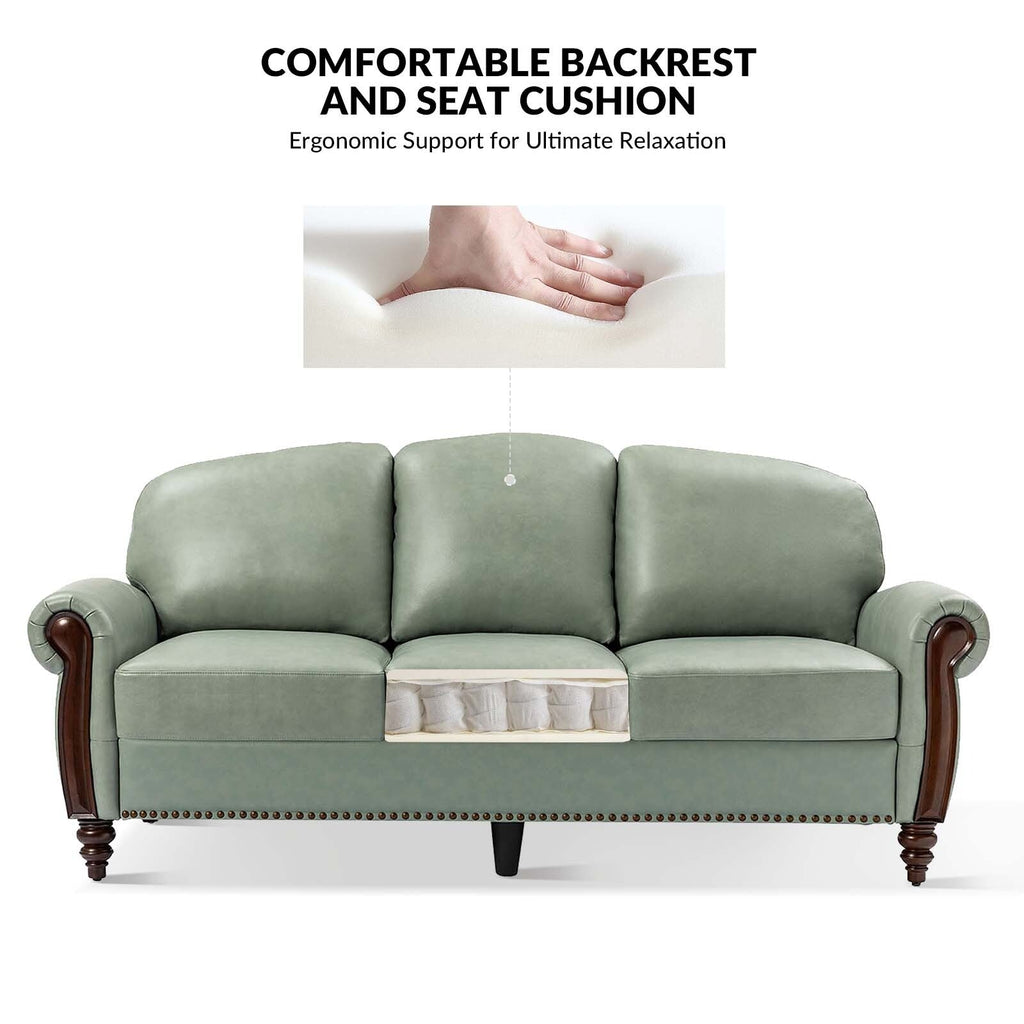 Canapé traditionnel en cuir véritable Eduard 84 avec pieds en bois sculpté par HULALA HOME