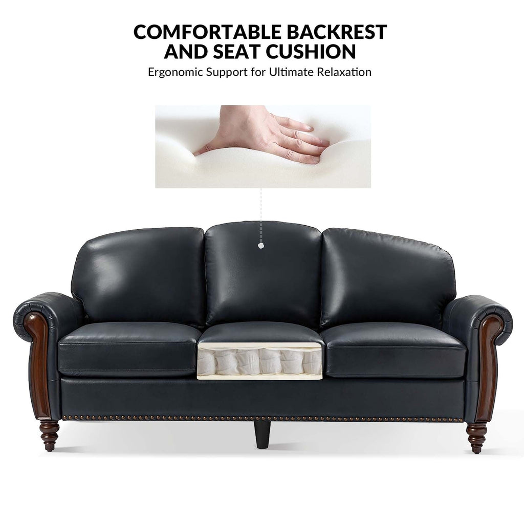 Canapé traditionnel en cuir véritable Eduard 84 avec pieds en bois sculpté par HULALA HOME