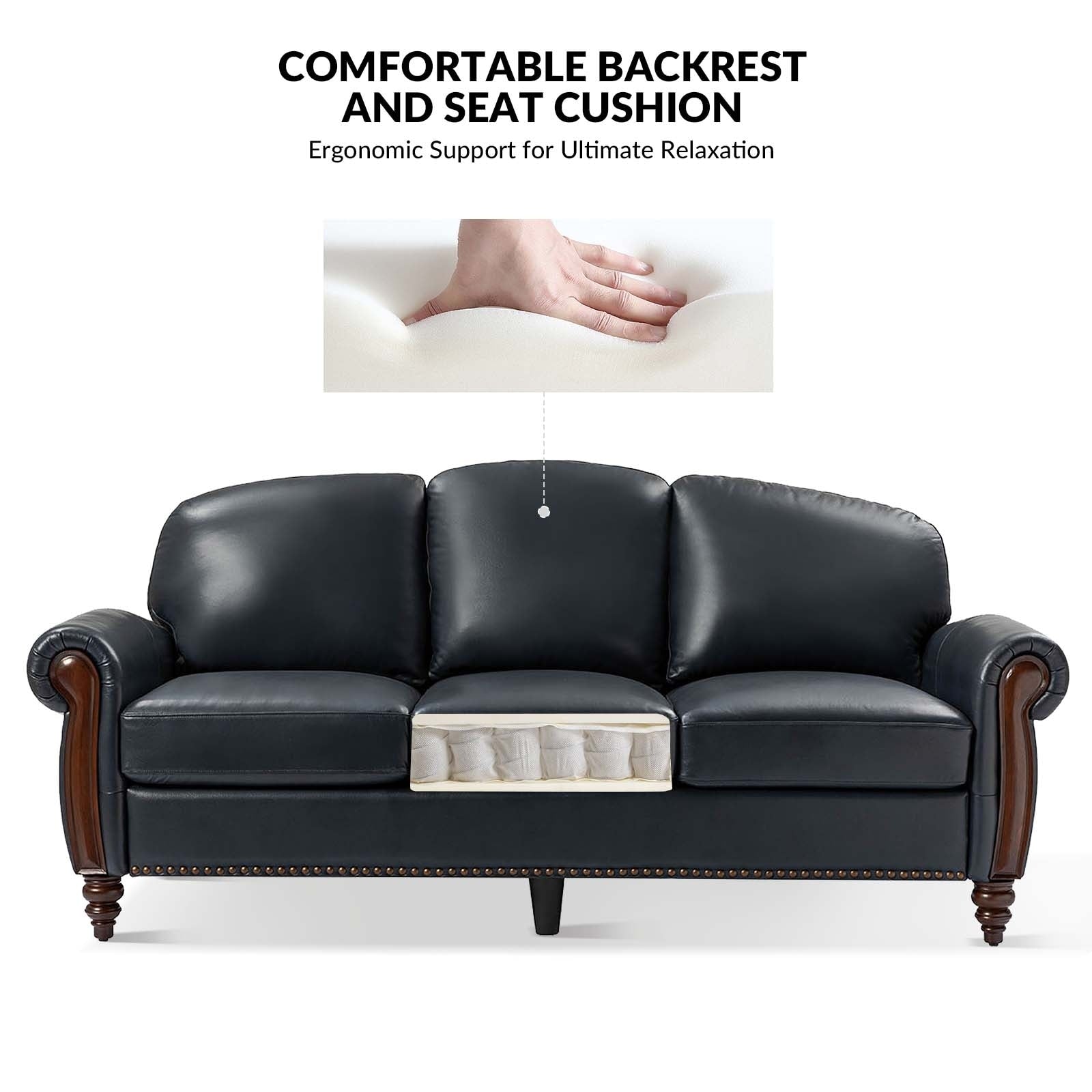 Canapé traditionnel en cuir véritable Eduard 84 avec pieds en bois sculpté par HULALA HOME