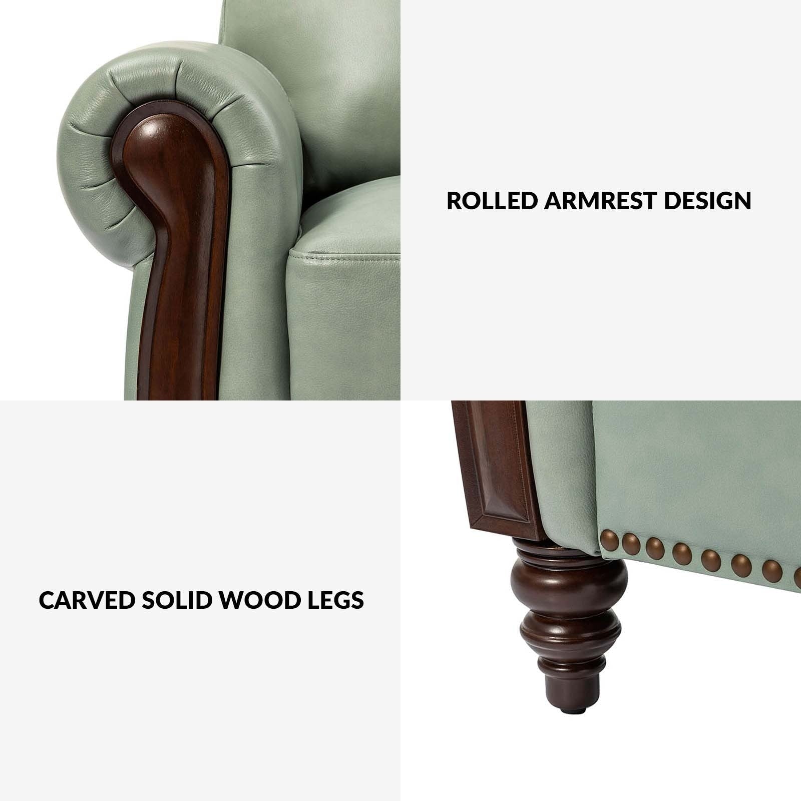 Canapé traditionnel en cuir véritable Eduard 84 avec pieds en bois sculpté par HULALA HOME