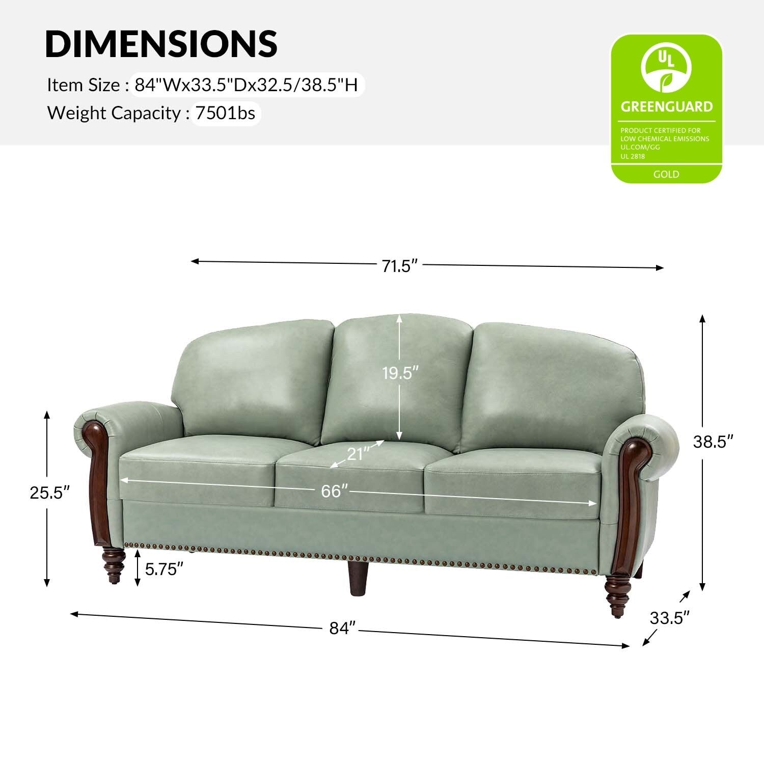 Canapé traditionnel en cuir véritable Eduard 84 avec pieds en bois sculpté par HULALA HOME