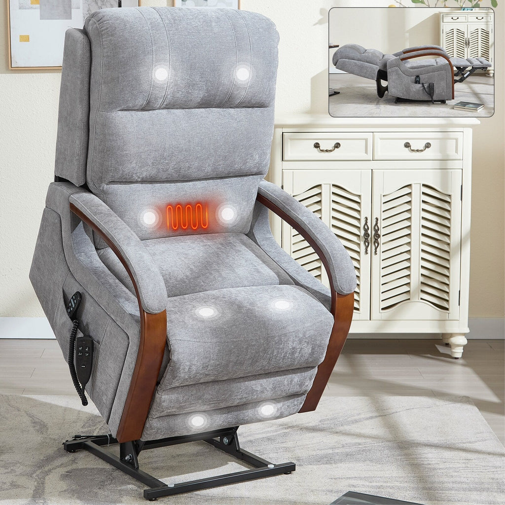 Fauteuil inclinable électrique en chenille avec deux moteurs, positions d'inclinaison infinies, chauffage et massage 8 points, accoudoirs en bois massif