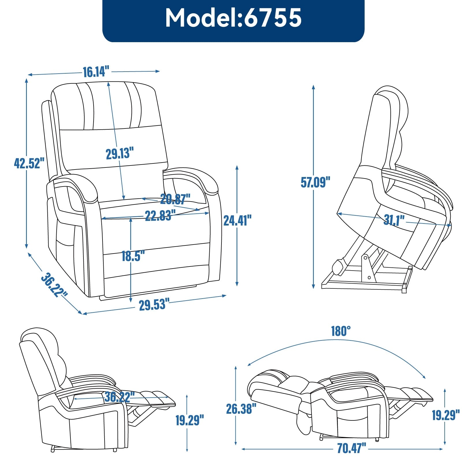 Fauteuil inclinable électrique en chenille avec deux moteurs, positions d'inclinaison infinies, chauffage et massage 8 points, accoudoirs en bois massif