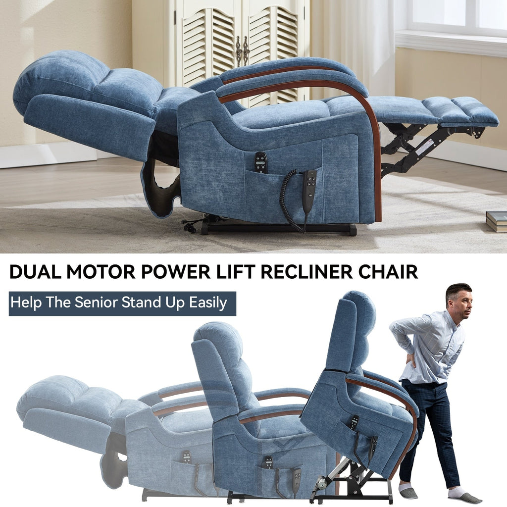 Fauteuil inclinable électrique en chenille avec deux moteurs, positions d'inclinaison infinies, chauffage et massage 8 points, accoudoirs en bois massif
