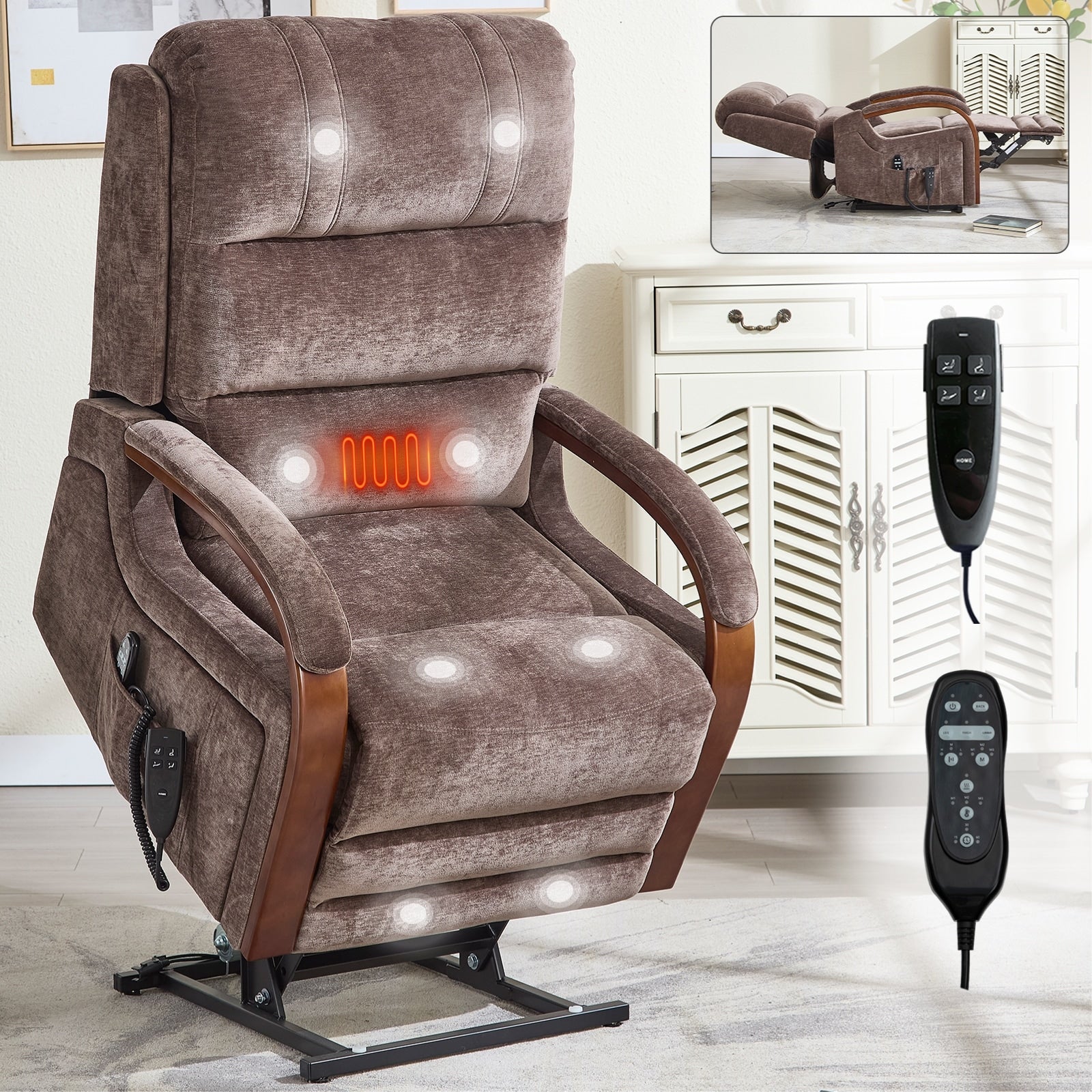 Fauteuil inclinable électrique en chenille avec deux moteurs, positions d'inclinaison infinies, chauffage et massage 8 points, accoudoirs en bois massif