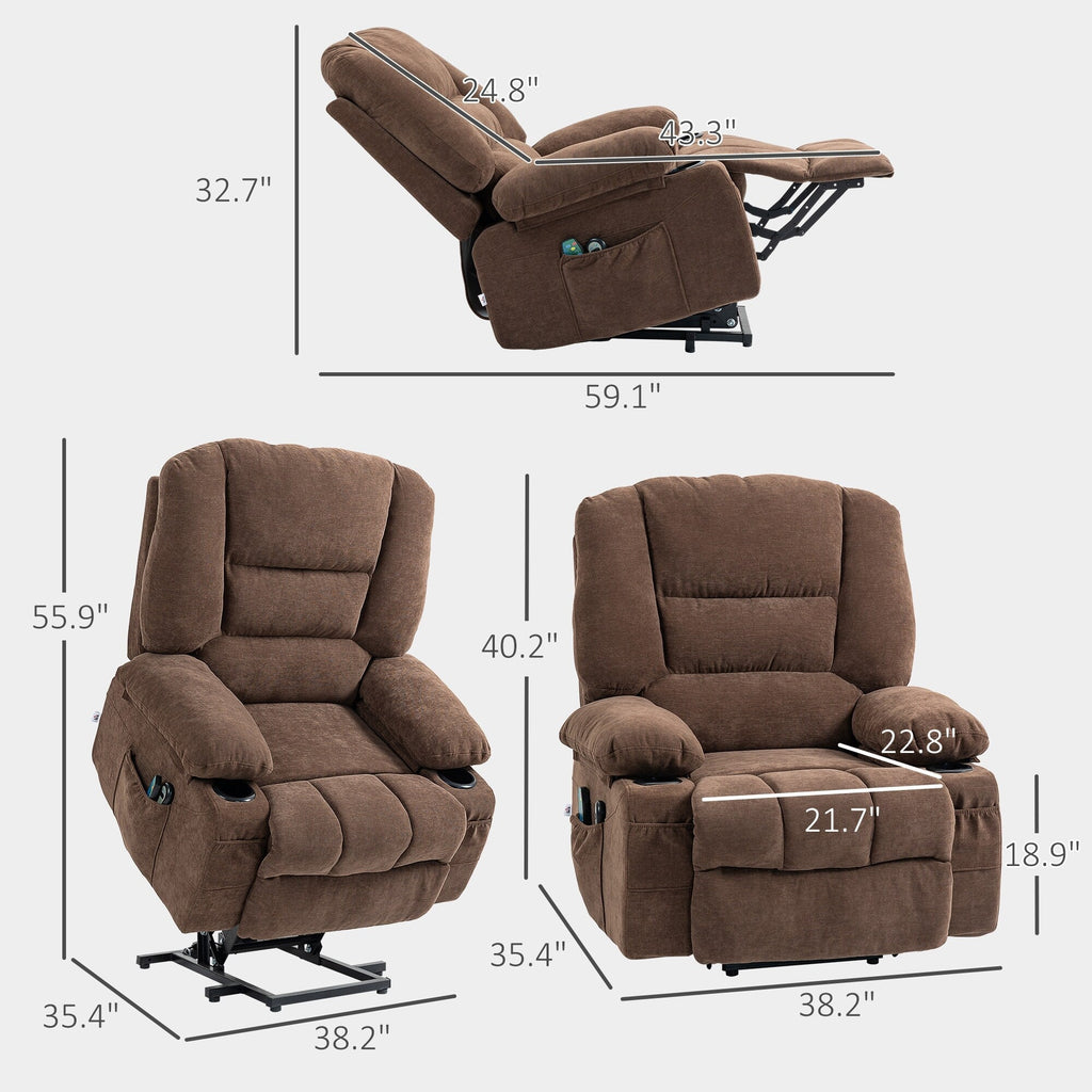 Fauteuil inclinable électrique en tissu avec télécommande, poches latérales et porte-gobelets pour personnes âgées