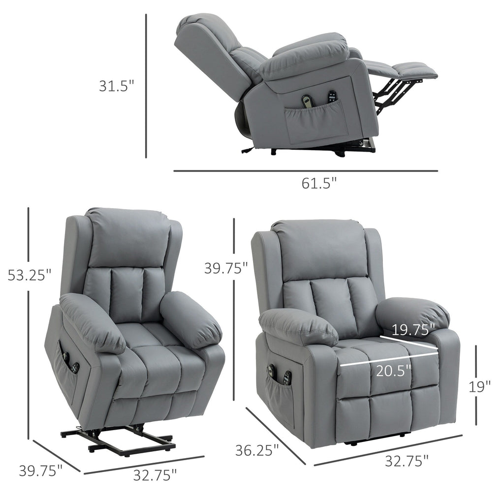 Fauteuil inclinable électrique en cuir synthétique avec massage par vibration et chaleur, inclinaison à 135°, poches latérales pour personnes âgées