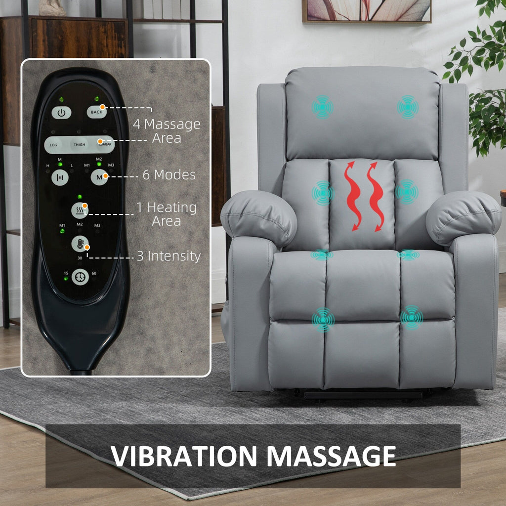 Fauteuil inclinable électrique en cuir synthétique avec massage par vibration et chaleur, inclinaison à 135°, poches latérales pour personnes âgées