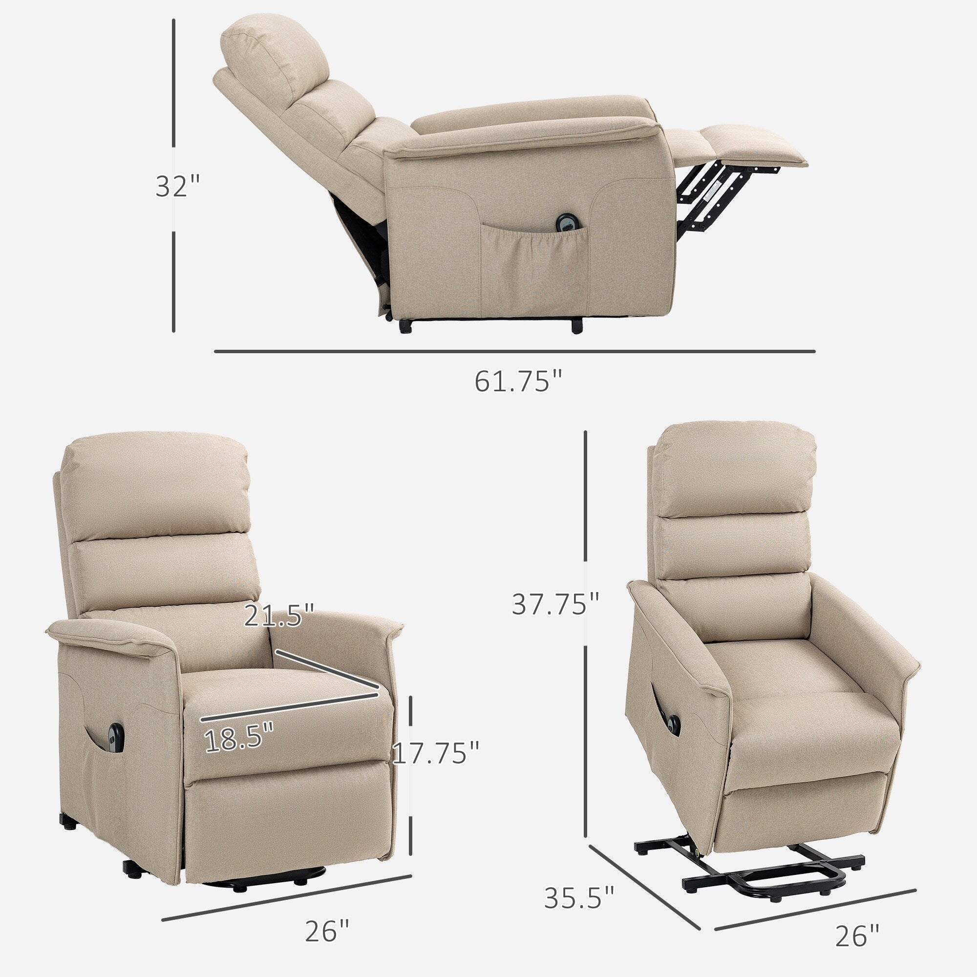 Fauteuil inclinable électrique pour personnes âgées, canapé inclinable réglable en tissu avec télécommande et poches latérales