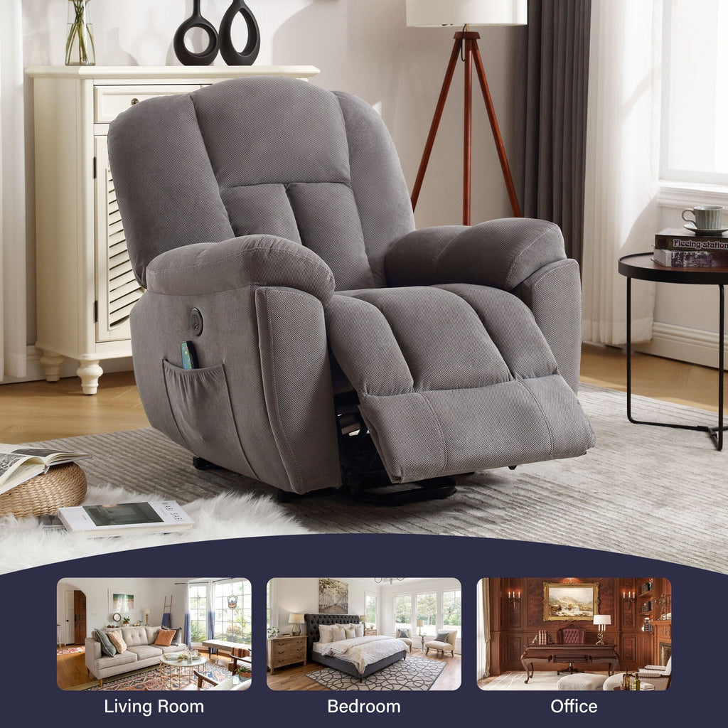Fauteuil inclinable électrique pour personnes âgées avec chauffage, massage, port USB, poches latérales et tissu résistant