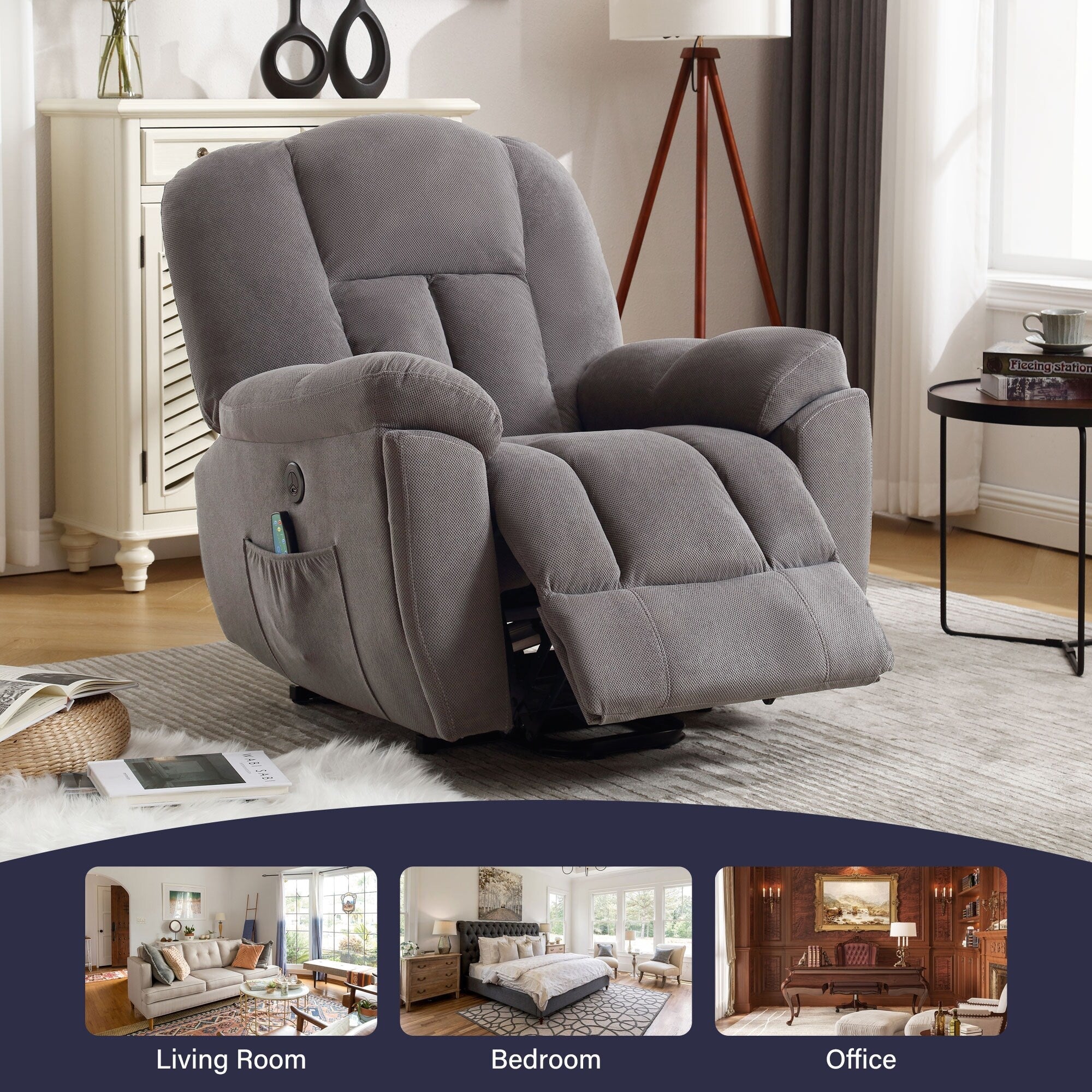 Fauteuil inclinable électrique pour personnes âgées avec chauffage, massage, port USB, poches latérales et tissu résistant