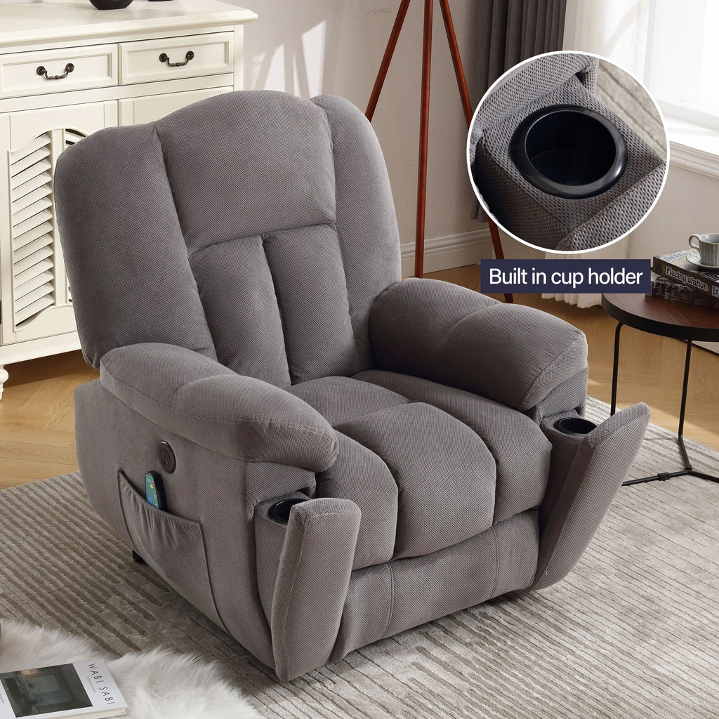 Fauteuil inclinable électrique pour personnes âgées avec chauffage, massage, port USB, poches latérales et tissu résistant