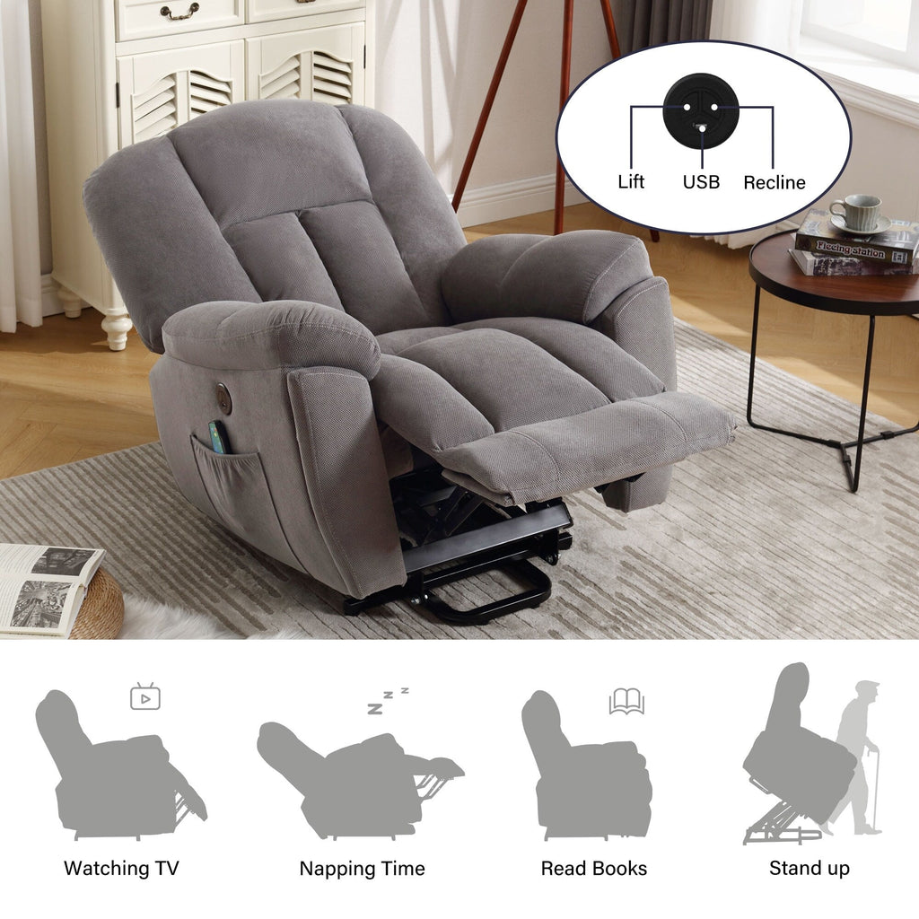 Fauteuil inclinable électrique pour personnes âgées avec chauffage, massage, port USB, poches latérales et tissu résistant