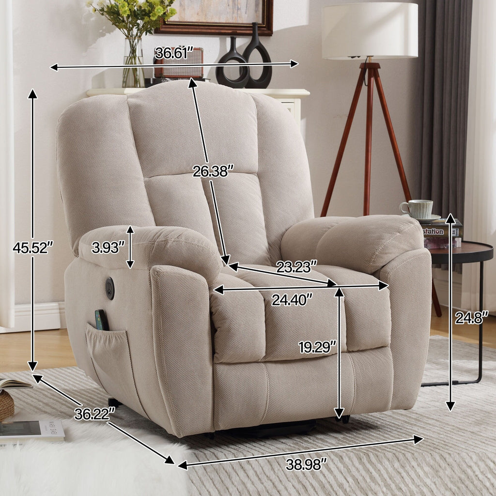 Fauteuil inclinable électrique pour personnes âgées avec chauffage, massage, port USB, poches latérales et tissu résistant