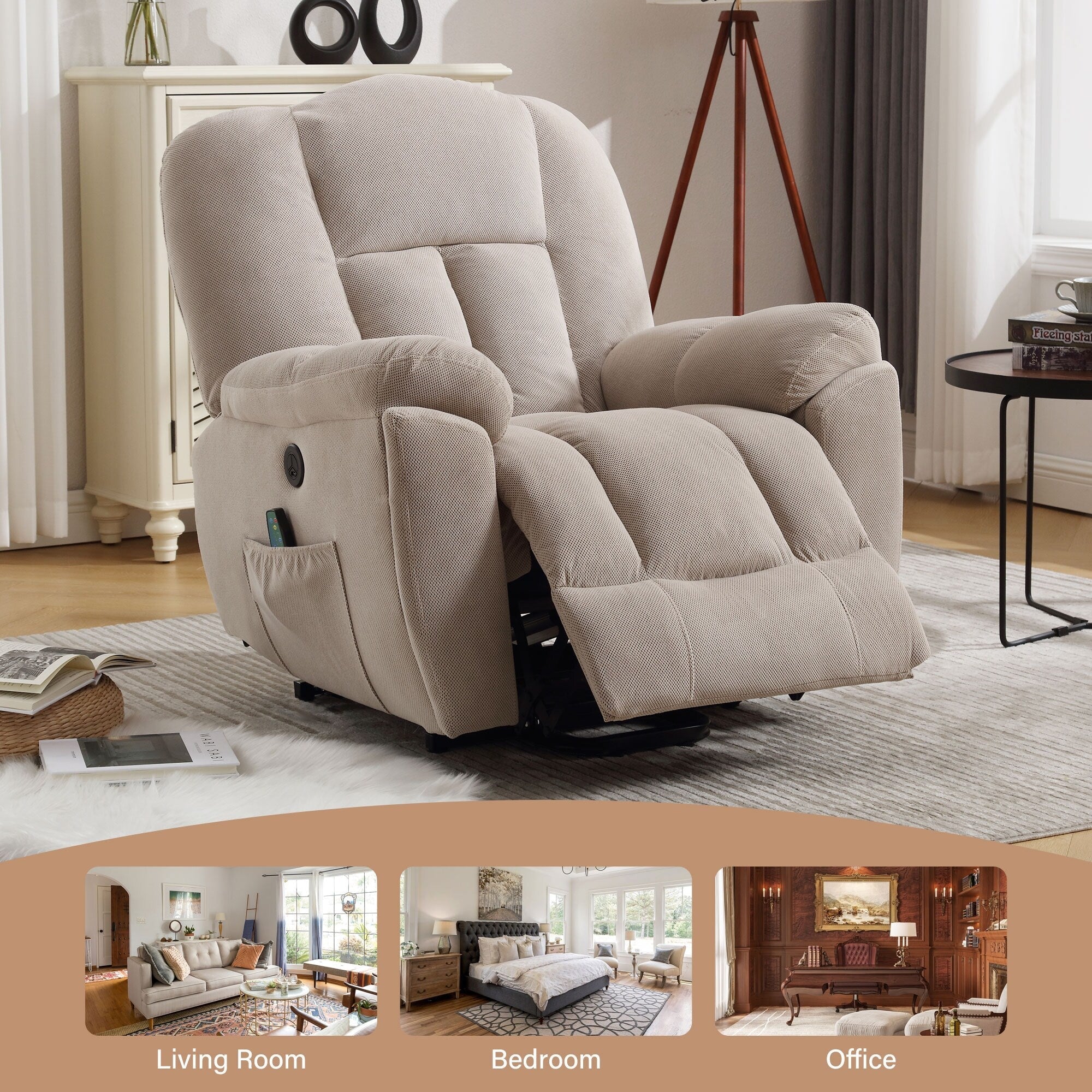 Fauteuil inclinable électrique pour personnes âgées avec chauffage, massage, port USB, poches latérales et tissu résistant