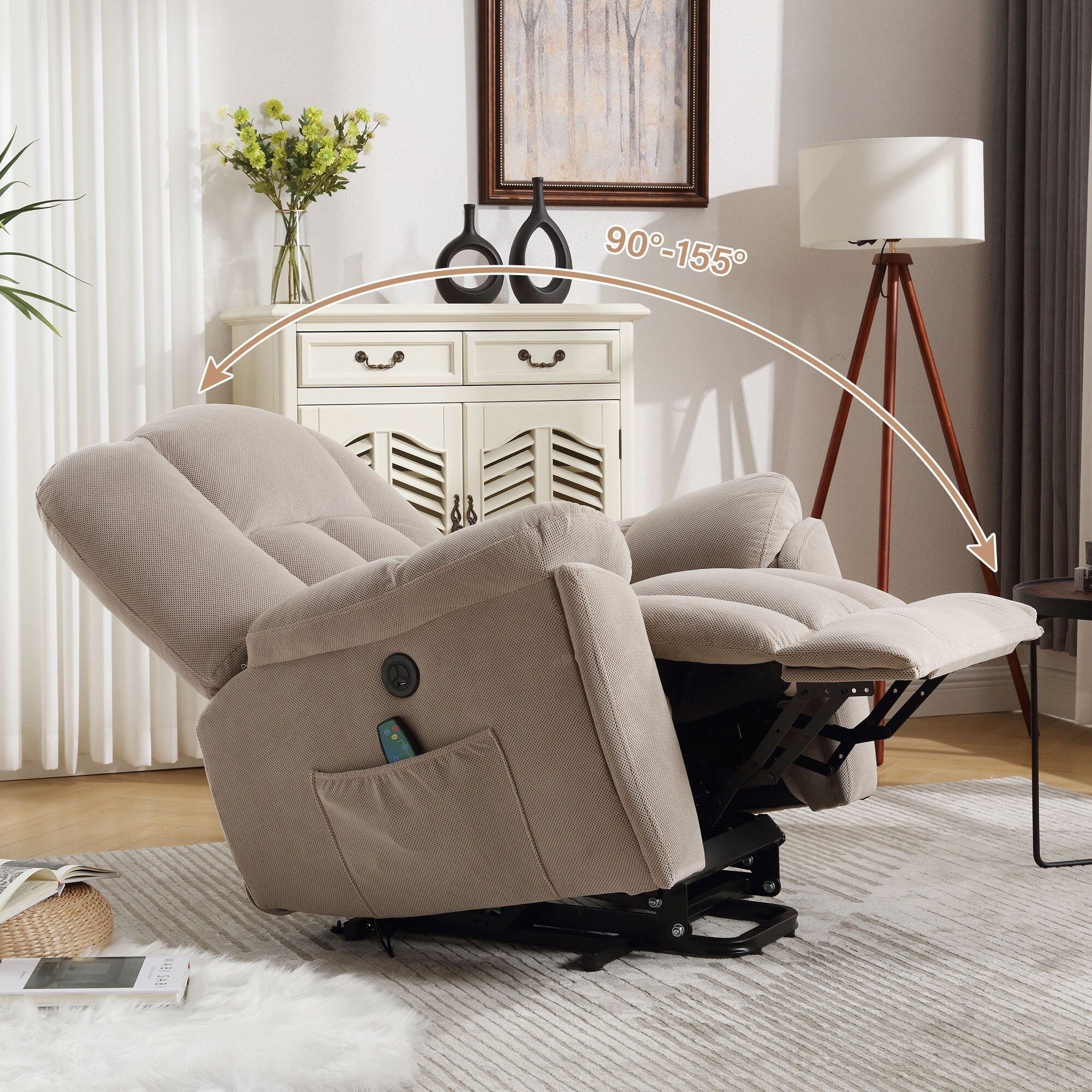 Fauteuil inclinable électrique pour personnes âgées avec chauffage, massage, port USB, poches latérales et tissu résistant