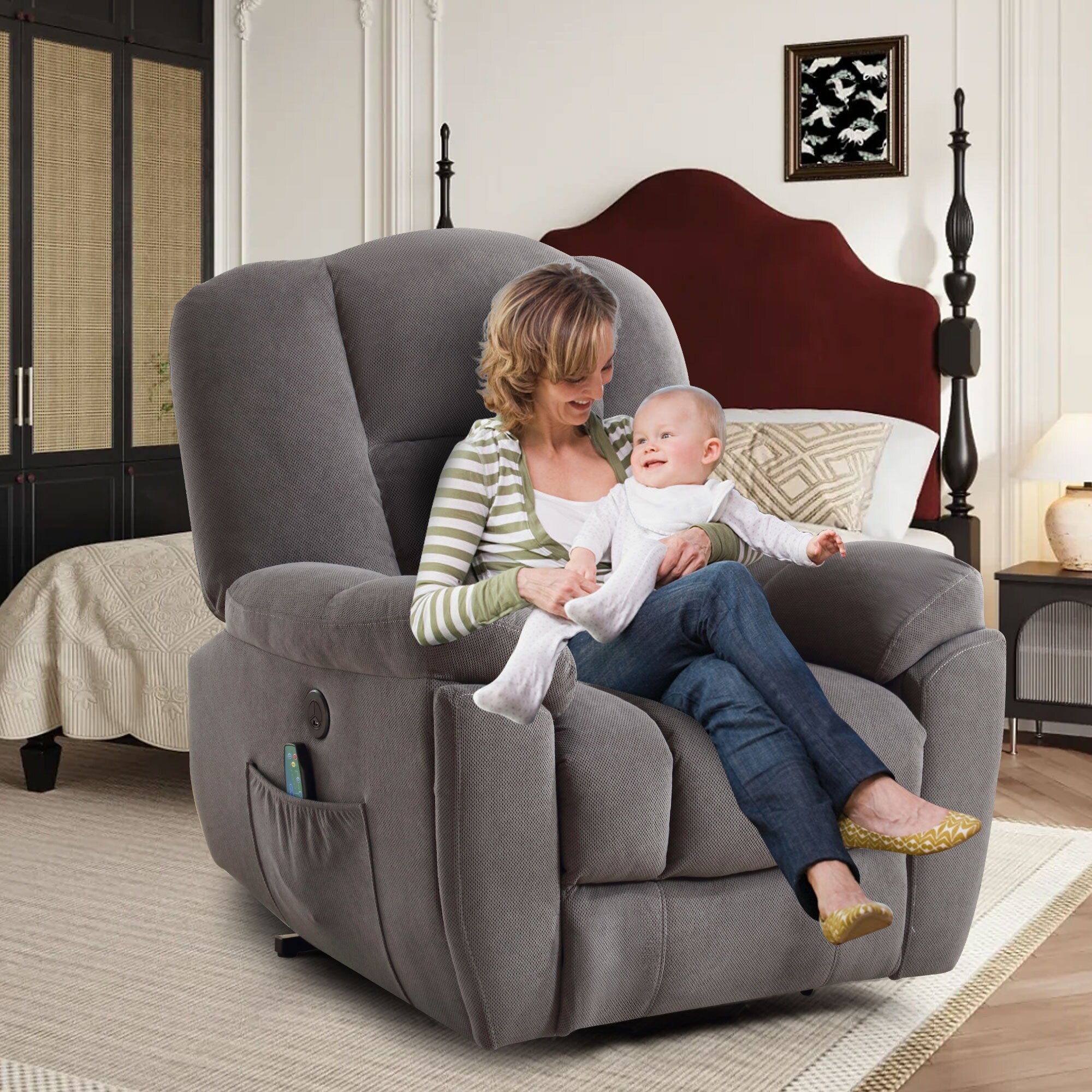 Fauteuil inclinable électrique pour personnes âgées avec chauffage, massage, port USB, poches latérales et tissu résistant
