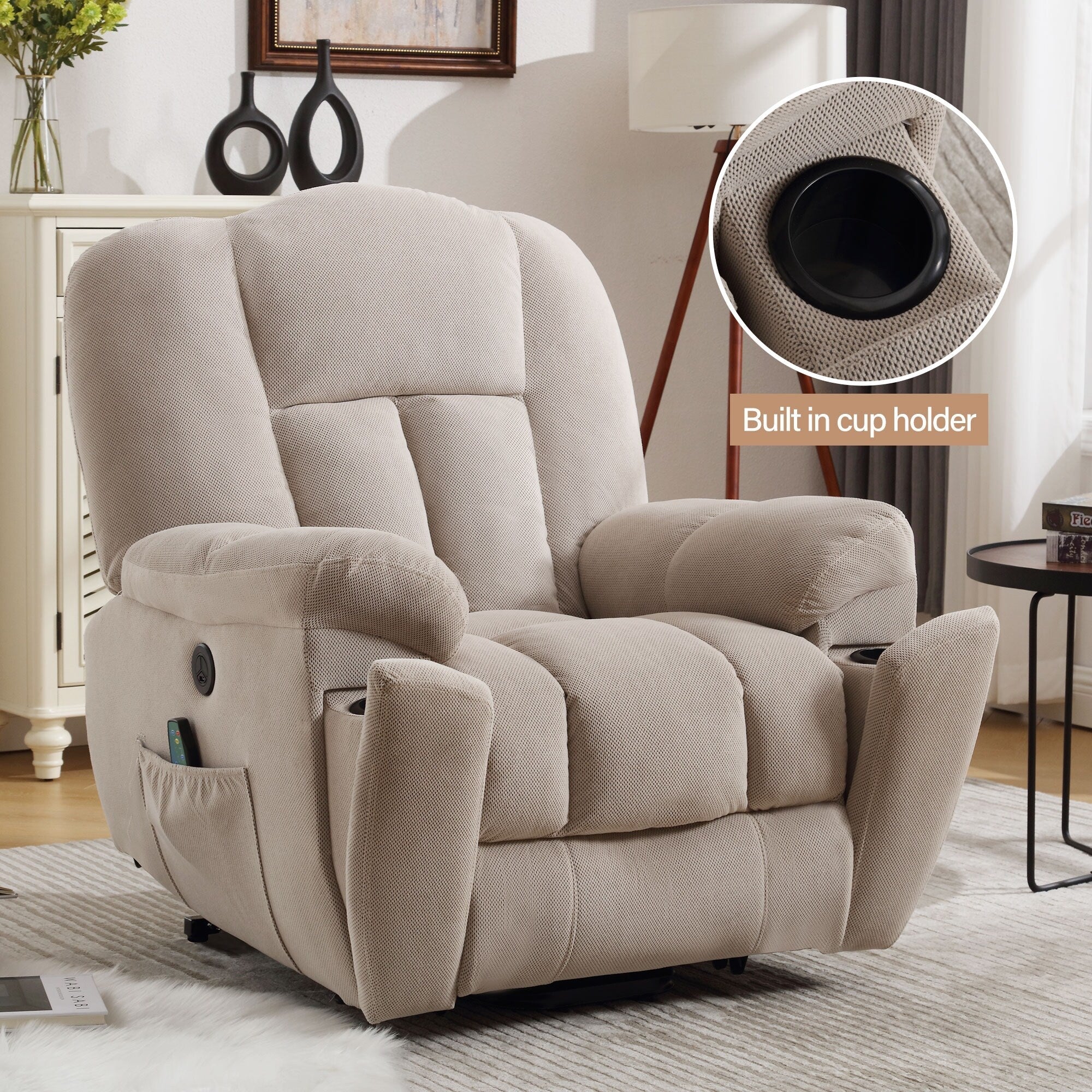 Fauteuil inclinable électrique pour personnes âgées avec chauffage, massage, port USB, poches latérales et tissu résistant