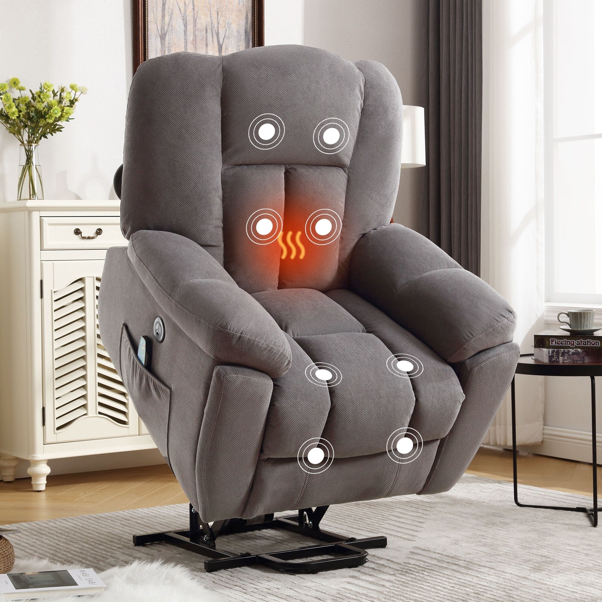 Fauteuil inclinable électrique pour personnes âgées avec chauffage, massage, port USB, poches latérales et tissu résistant