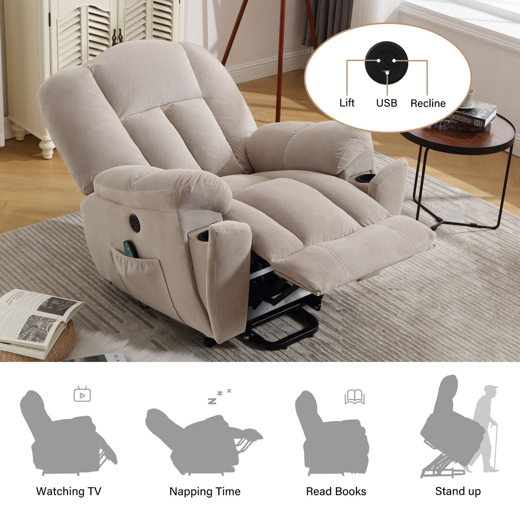 Fauteuil inclinable électrique pour personnes âgées avec chauffage, massage, port USB, poches latérales et tissu résistant