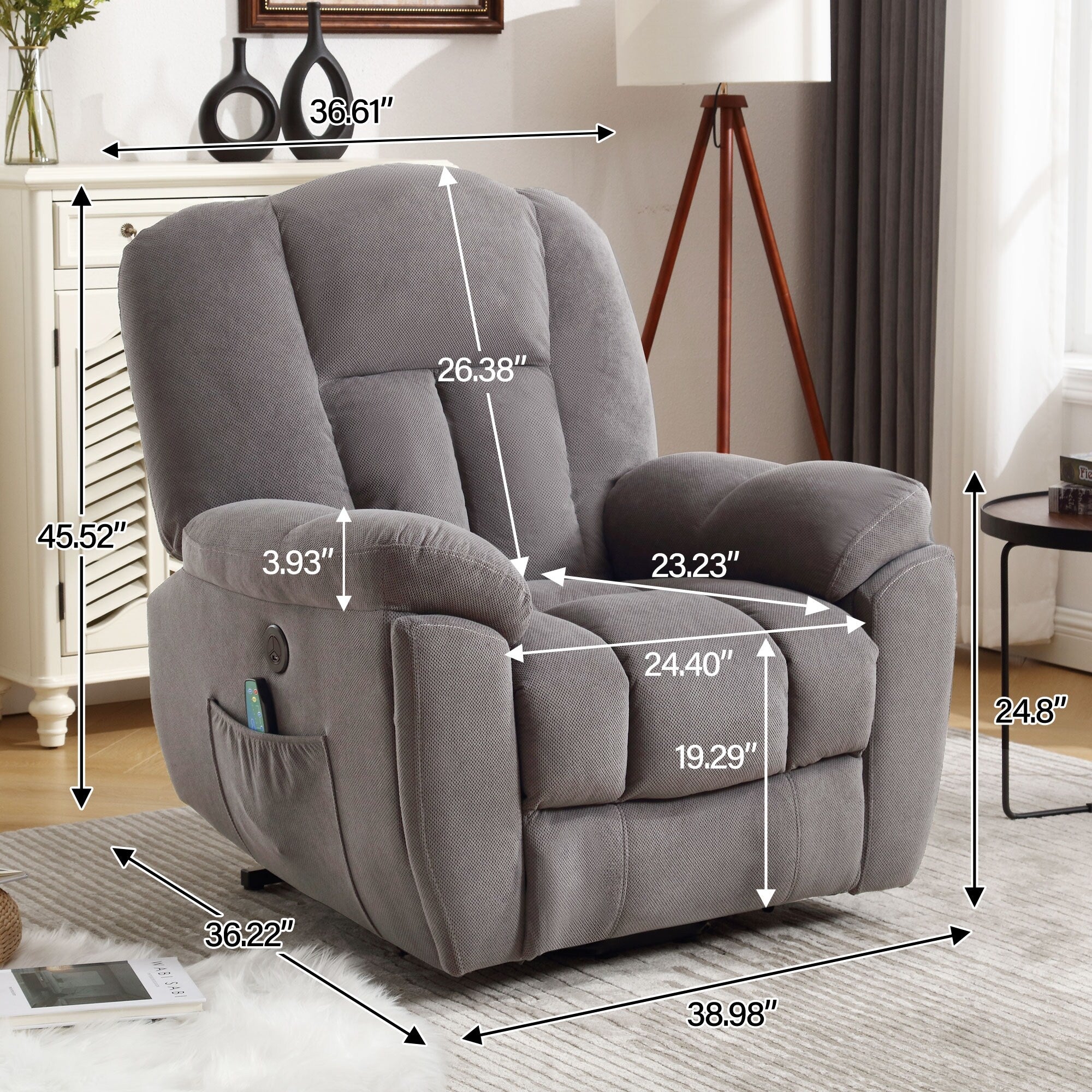 Fauteuil inclinable électrique pour personnes âgées avec chauffage, massage, port USB, poches latérales et tissu résistant