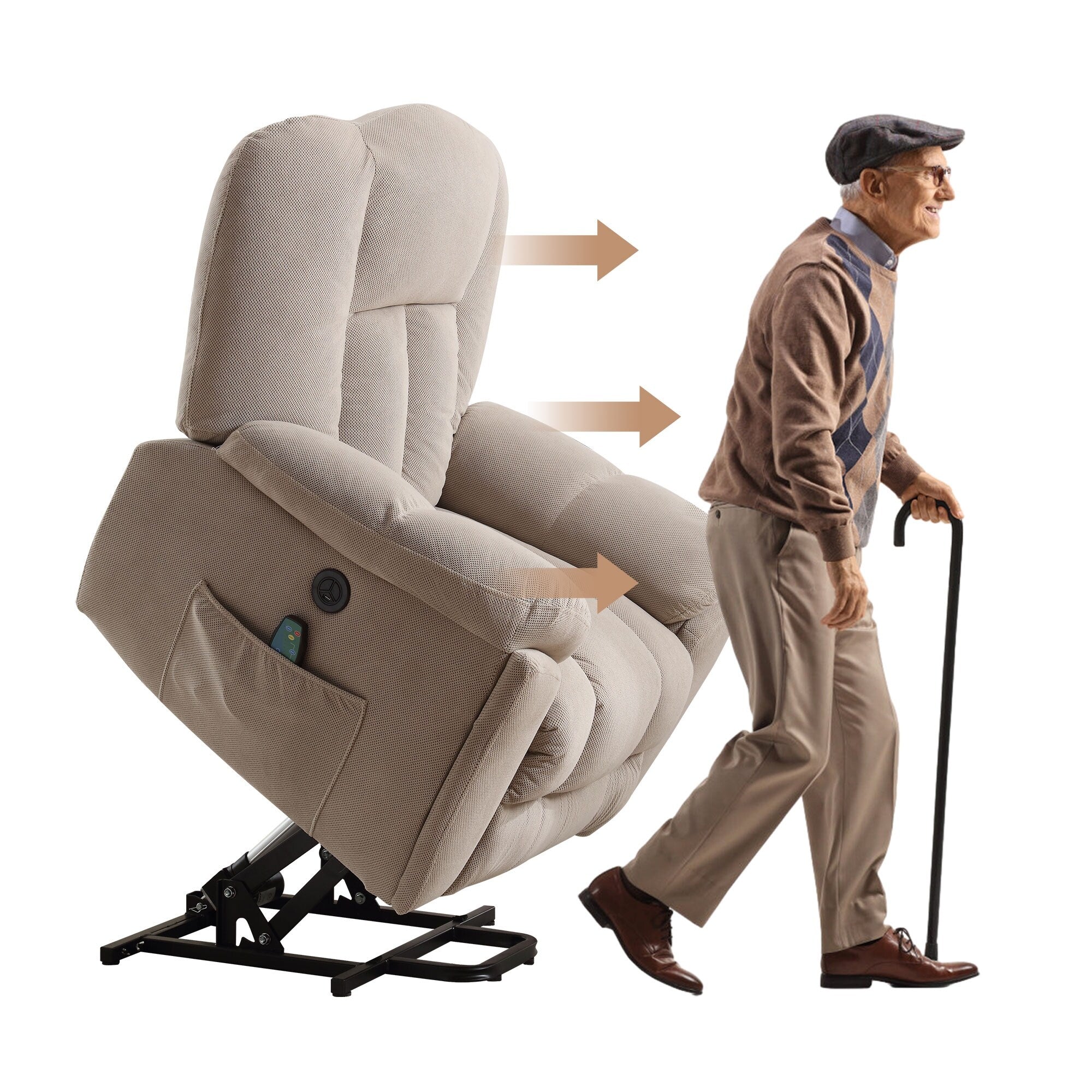 Fauteuil inclinable électrique pour personnes âgées avec chauffage, massage, port USB, poches latérales et tissu résistant
