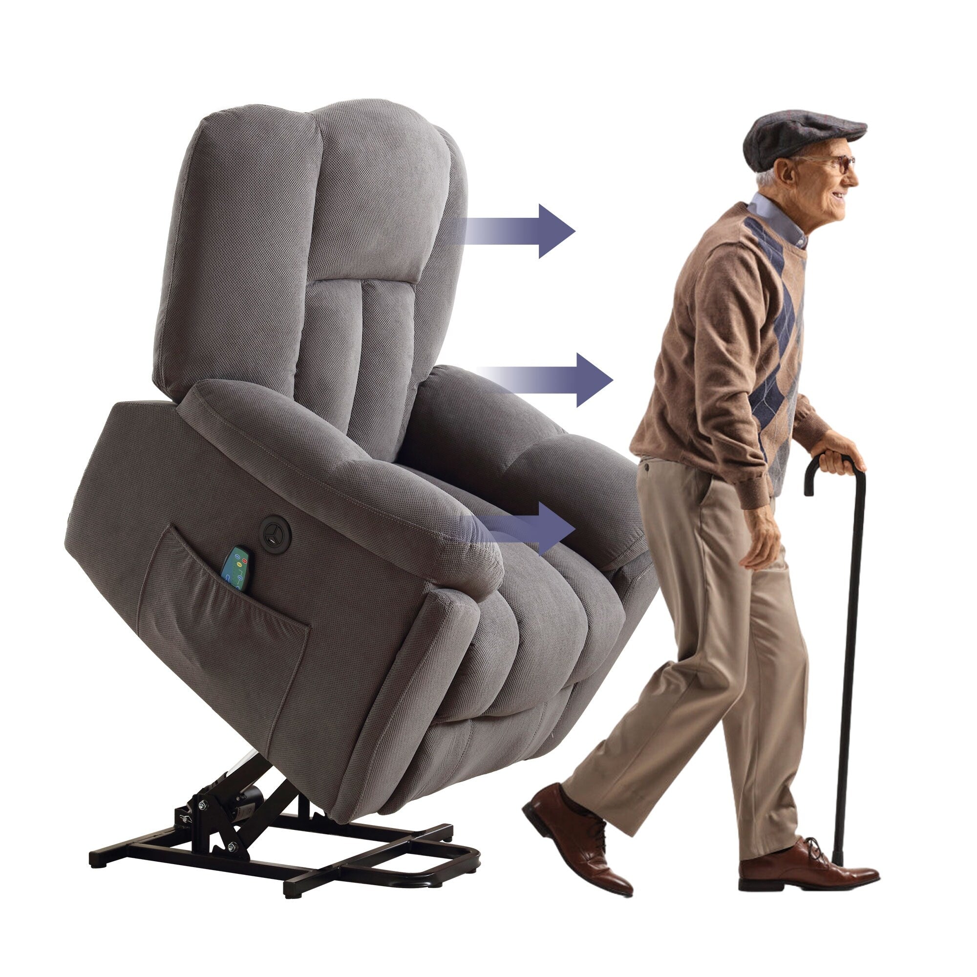Fauteuil inclinable électrique pour personnes âgées avec chauffage, massage, port USB, poches latérales et tissu résistant