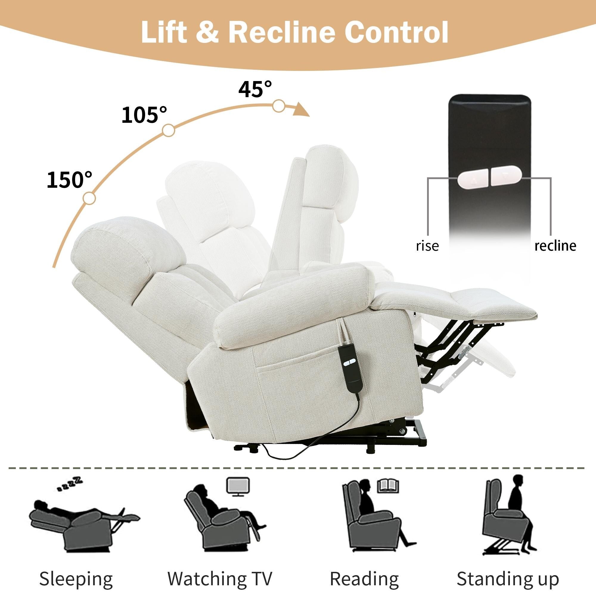 Fauteuil inclinable électrique pour personnes âgées avec télécommande, poche latérale, support ergonomique et siège spacieux