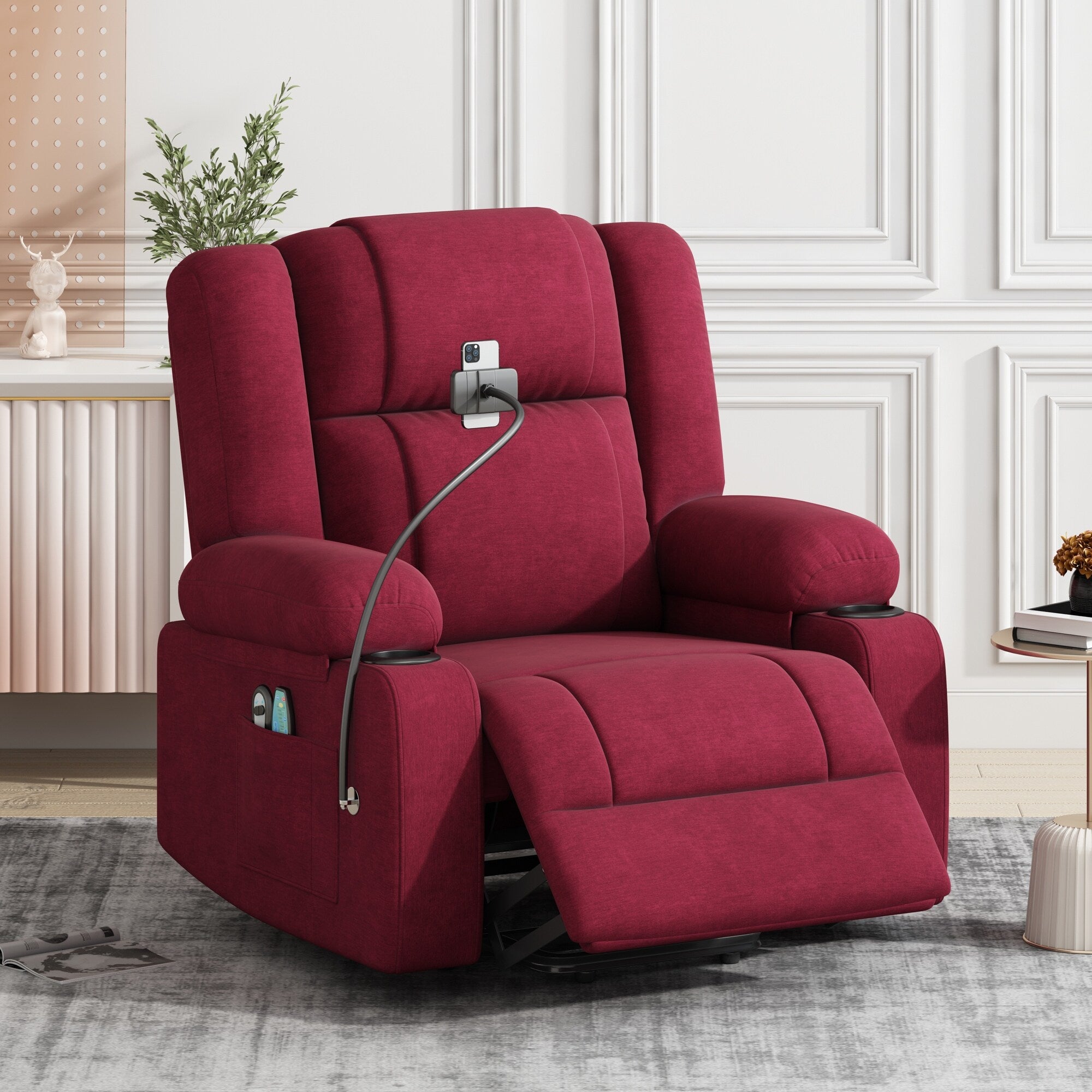 Fauteuil inclinable électrique avec massage, chauffage, porte-gobelets et support de téléphone pivotant à 360°, options d'inclinaison réglables