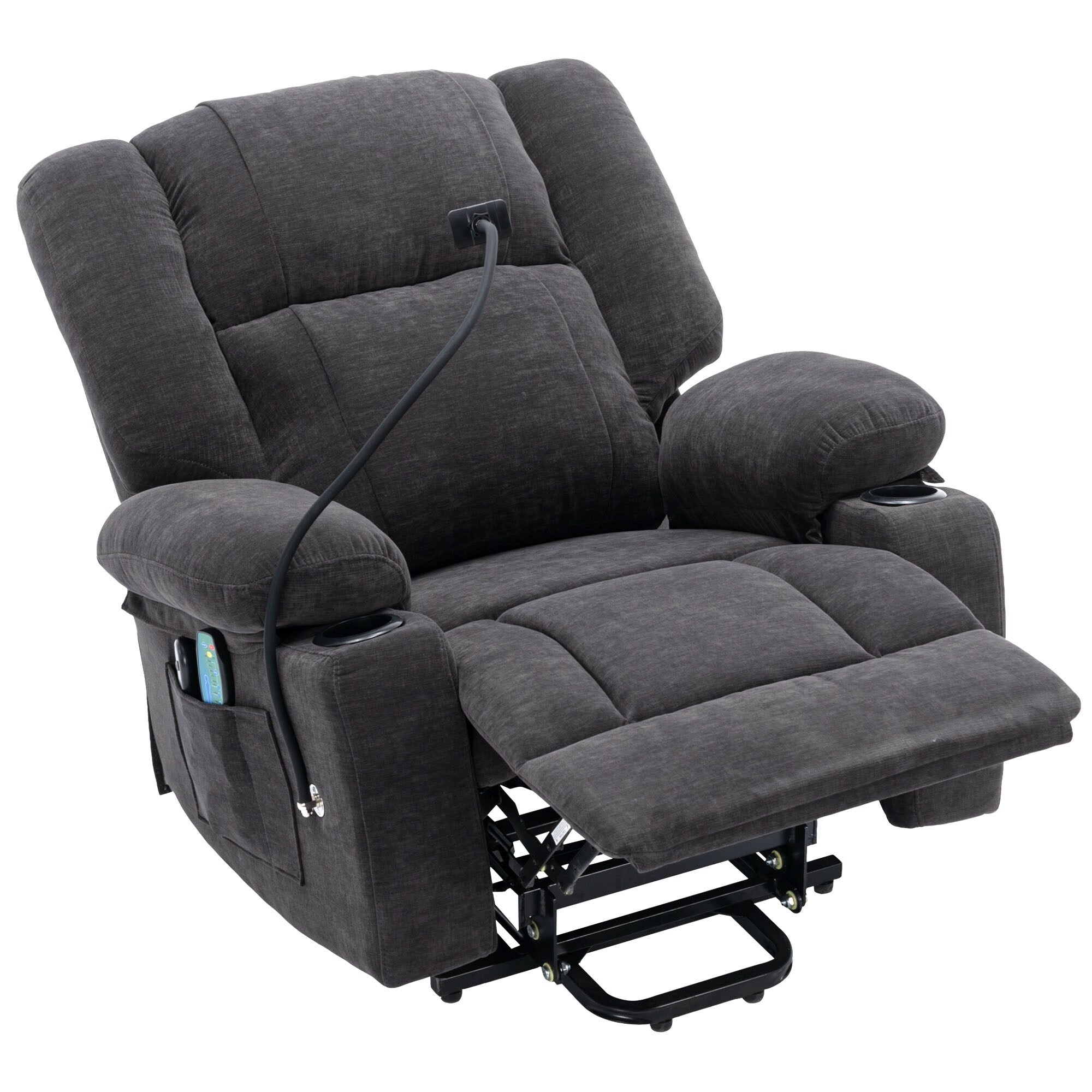 Fauteuil inclinable électrique avec massage, chauffage, porte-gobelets et support de téléphone pivotant à 360°, options d'inclinaison réglables
