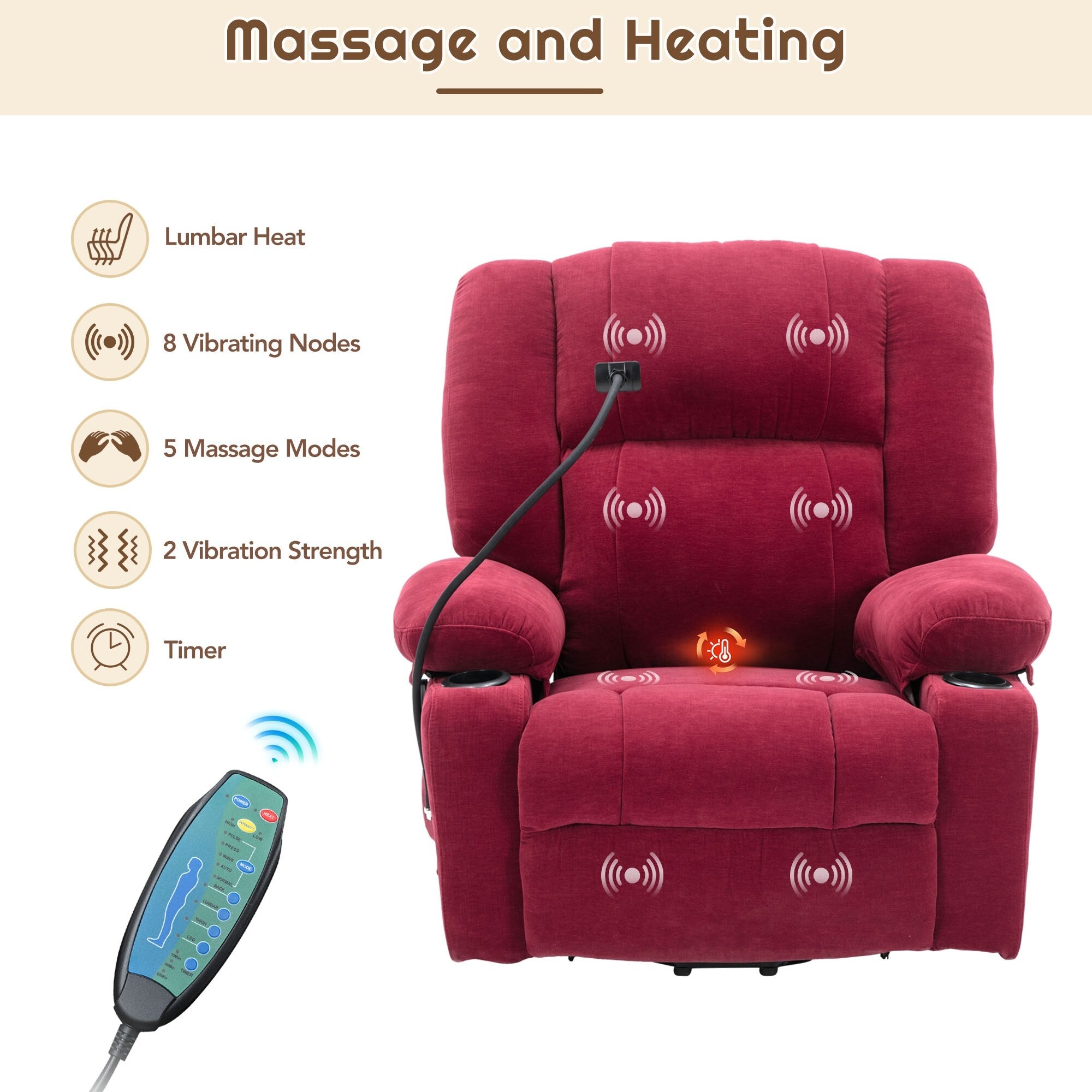 Fauteuil inclinable électrique avec massage, chauffage, porte-gobelets et support de téléphone pivotant à 360°, options d'inclinaison réglables