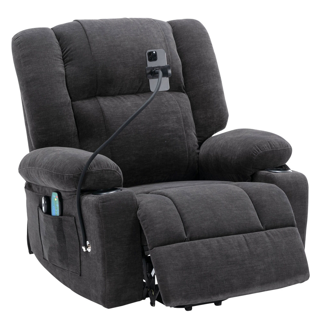 Fauteuil inclinable électrique avec massage, chauffage, porte-gobelets et support de téléphone pivotant à 360°, options d'inclinaison réglables